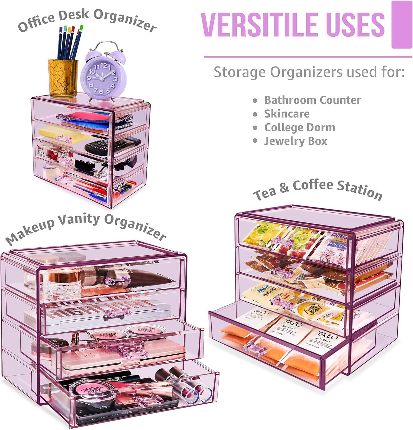 Office Desk Organizer

Makeup Vanity Organizer

Tea & Coffee Station

VERSITILE USES

Storage Organizers used for:
- Bathroom Counter
- Skincare
- College Dorm
- Jewelry Box