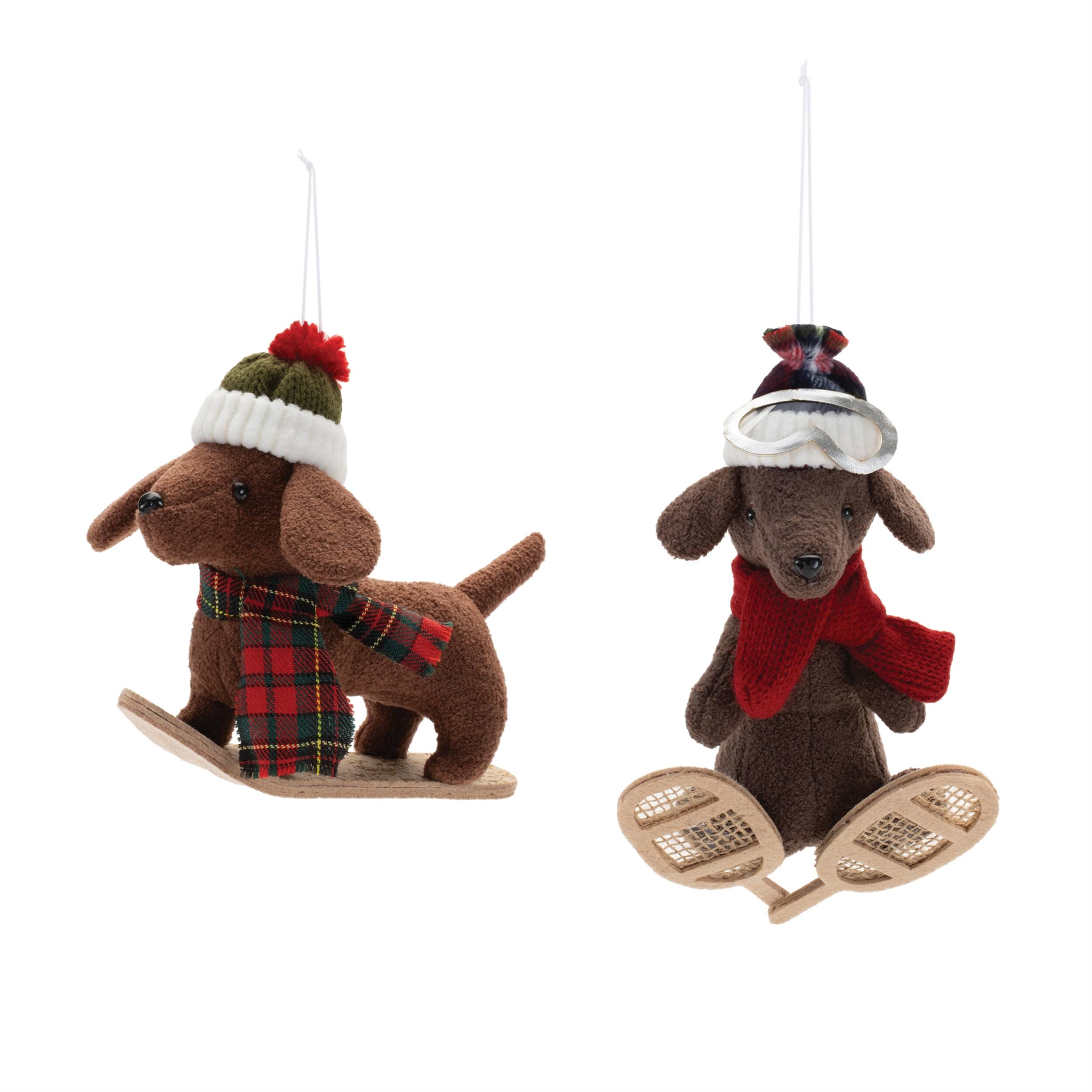 Left. BreeBe - Plush Ski and Snowboard Dog Ornament (Set of 6) - Red, Brown, Beige.