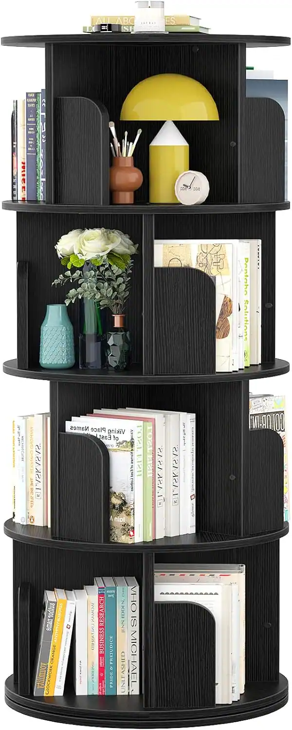 Aheaplus 360° Rotating 4 Tier Wood Bookshelf Space Saving Corner ...