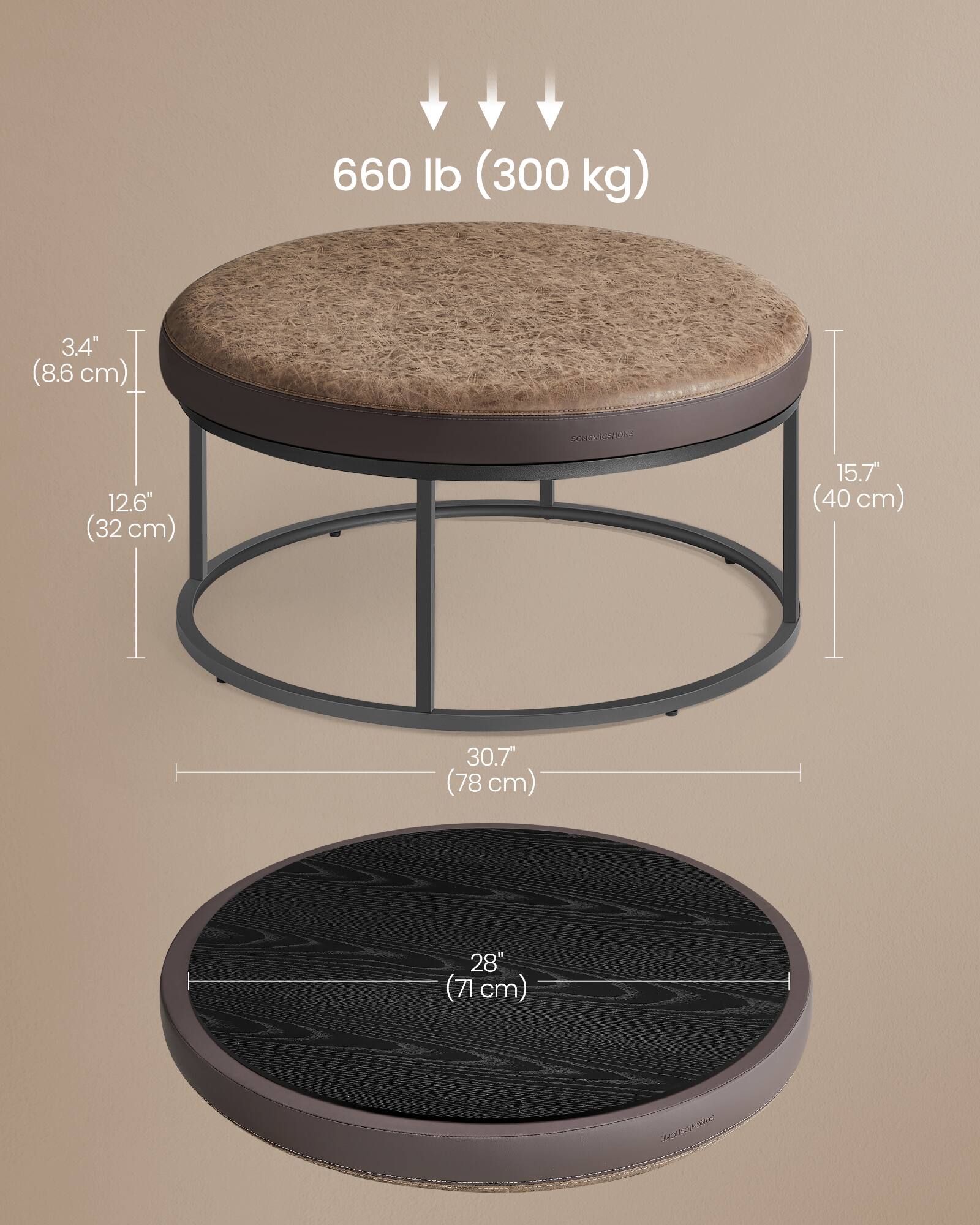 660 lb (300 kg)

3.4" (8.6 cm)

12.6" (32 cm)

15.7" (40 cm)

30.7" (78 cm)

28" (71 cm)