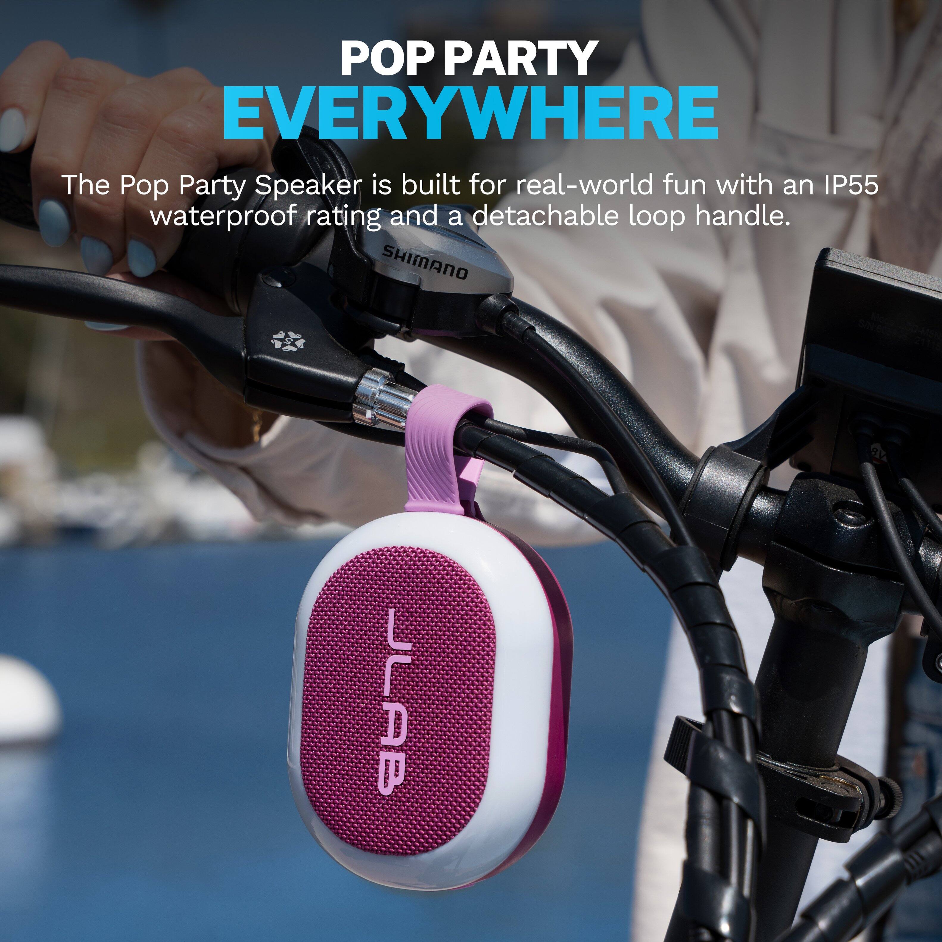 POP PARTY EVERYWHERE

The Pop Party Speaker is built for real-world fun with an IP55 waterproof rating and a detachable loop handle.