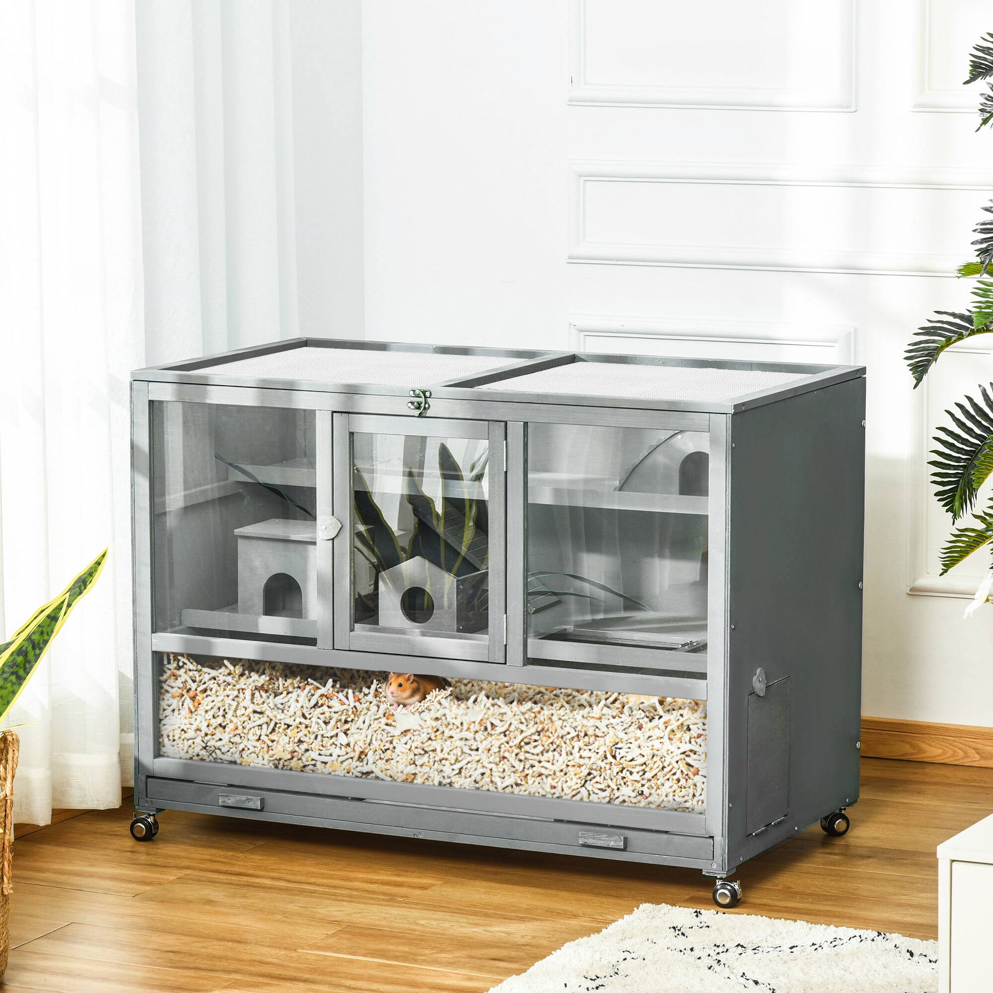 Alt View 1. Pawhut - Wooden 3-Tier Hamster Cage Hutch Box with Ladder Wheels for Small Animals.