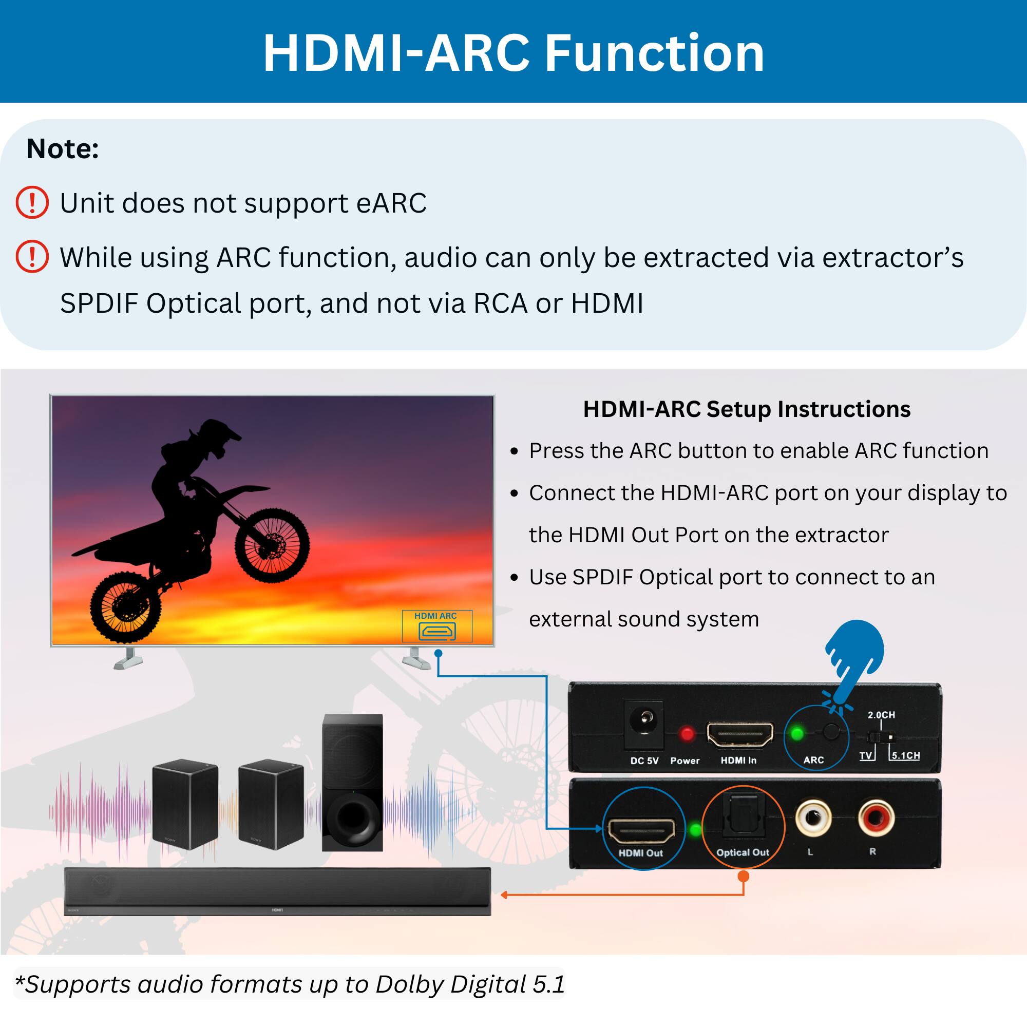 **HDMI-ARC Function**

**Note:**
- Unit does not support eARC
- While using ARC function, audio can only be extracted via extractor’s SPDIF Optical port, and not via RCA or HDMI

**HDMI-ARC Setup Instructions**
- Press the ARC button to enable ARC function
- Connect the HDMI-ARC port on your display to the HDMI Out Port on the extractor
- Use SPDIF Optical port to connect to an external sound system

*Supports audio formats up to Dolby Digital 5.1