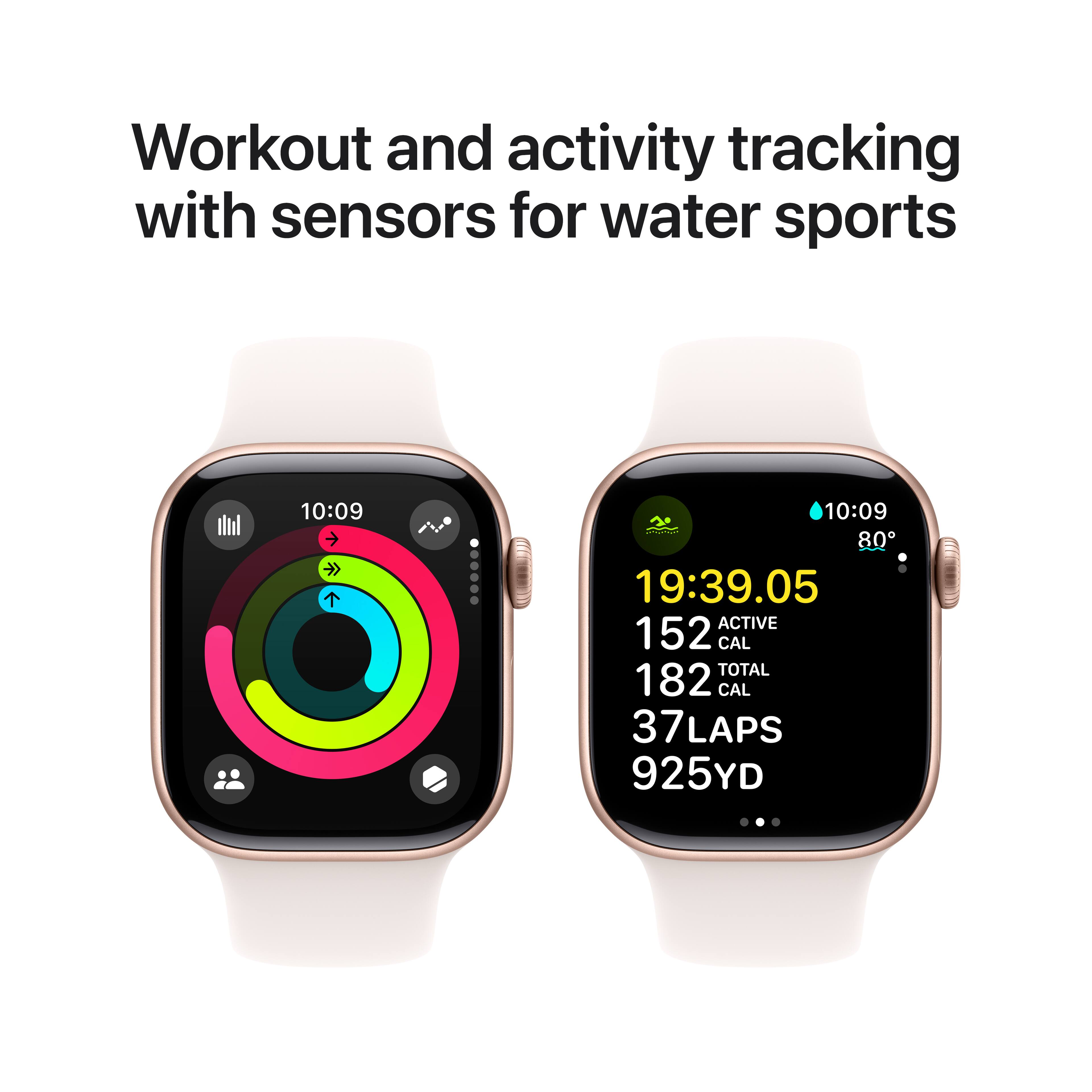 Workout and activity tracking with sensors for water sports: 10:09 10:09 19:39.05 ACTIVE 152 CAL TOTAL 182 CAL 37 LAPS 925YD