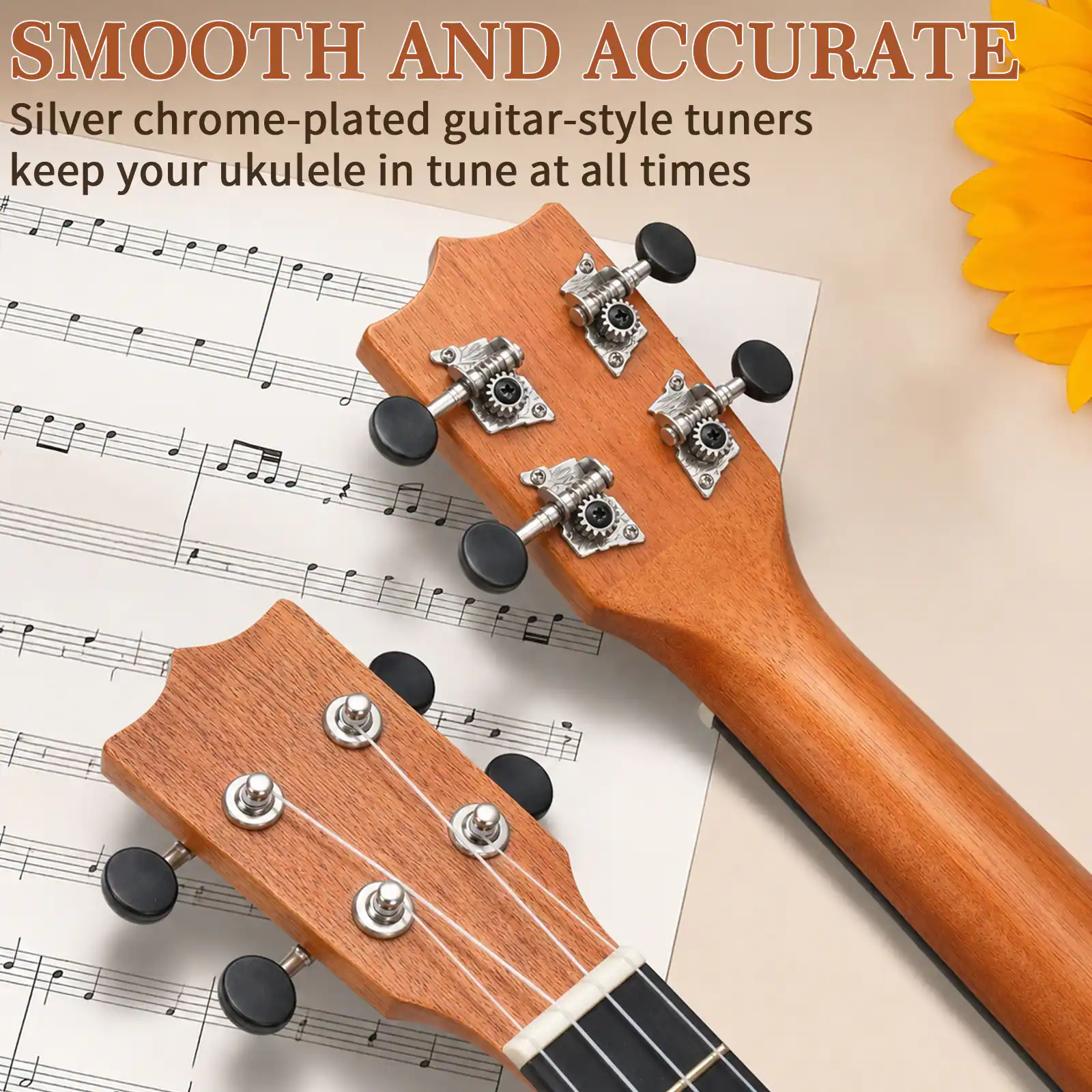 SMOOTH AND ACCURATE  
Silver chrome-plated guitar-style tuners keep your ukulele in tune at all times
