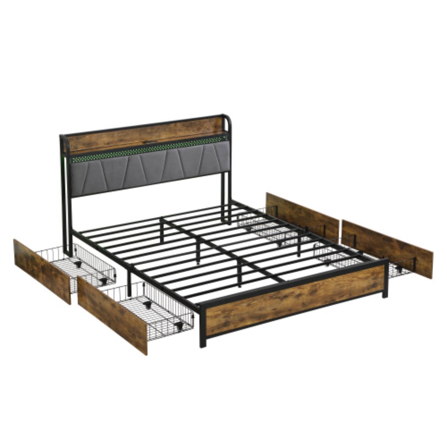 Alt View 2. LUCKY ONE - Full Size Platform Bed Frame with USB Outlets and RGB Lights, 4 Storage Drawers, Heavy Duty Metal Slats - Black+Brown+Grey.