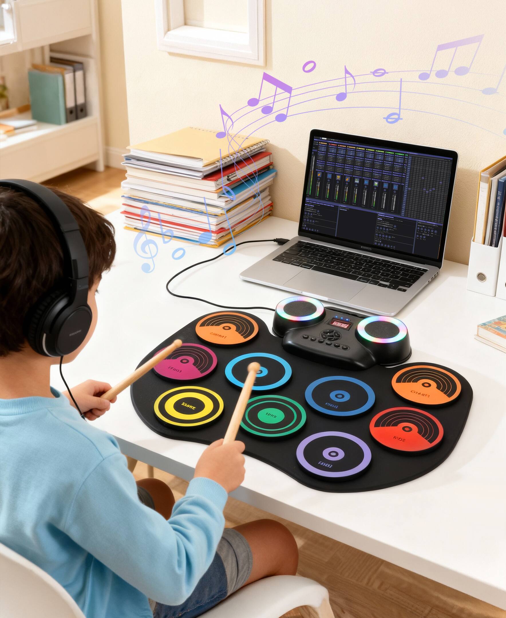 Alt View 1. Sugift - Colorful Roll-Up Electronic Drum Set with Flashing Lights, Dual Speakers & Headphone Jack for Kids - Black.