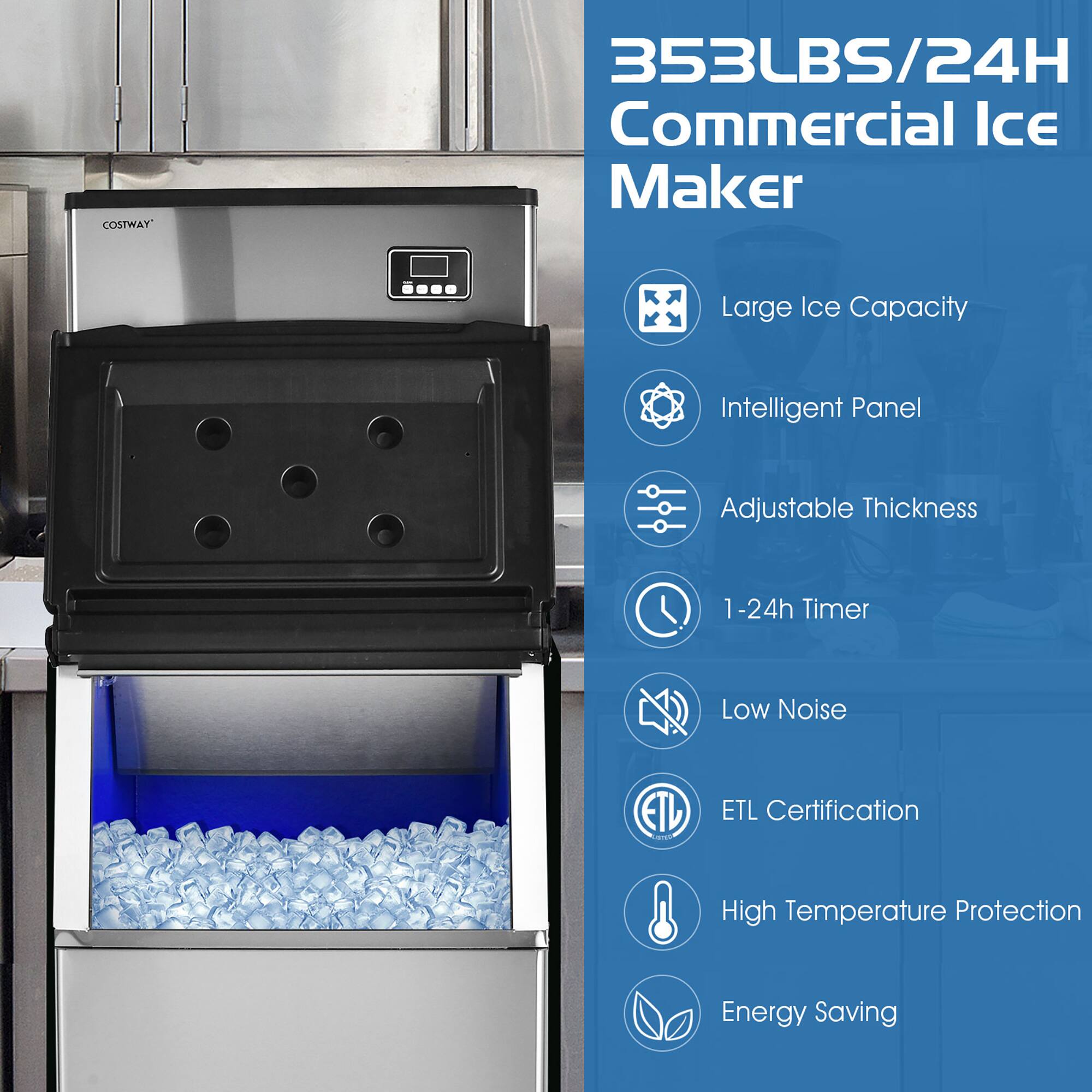 COSTWAY 353LBS/24H Commercial Ice Maker - Large Ice Capacity - Intelligent Panel - Adjustable Thickness - 1-24h Timer - Low Noise - ETL Certification - High Temperature Protection - Energy Saving