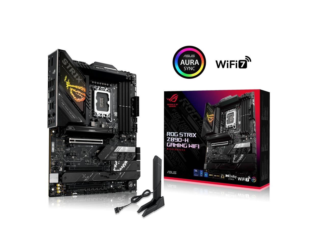 STRIX HBIe I WH DARE MARE ASUS AURA SYNC RBLO UTERS STRIX NIDI B I THOS not WuCa ROG STRIX Z890-H GAMING WIFI B H DR one REPUB - ASUS . A das - - S. MDolby ATMO WiFiD i vene - . TA NE i a 20 VLROI HEDOIPA MIE!E, -a