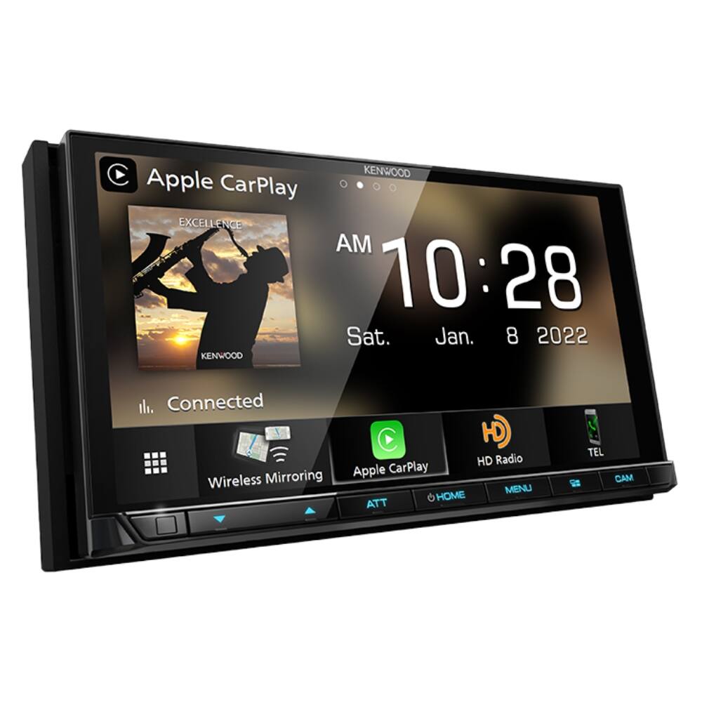 C KENWOOD Apple CarPlay EXCELLENCE AM 10:28 Sat. Jan. 8 2022 KENWOOD Connected Wireless Mirroring HD HD Radio Apple CarPlay MENU HOME ATT TEL CAM