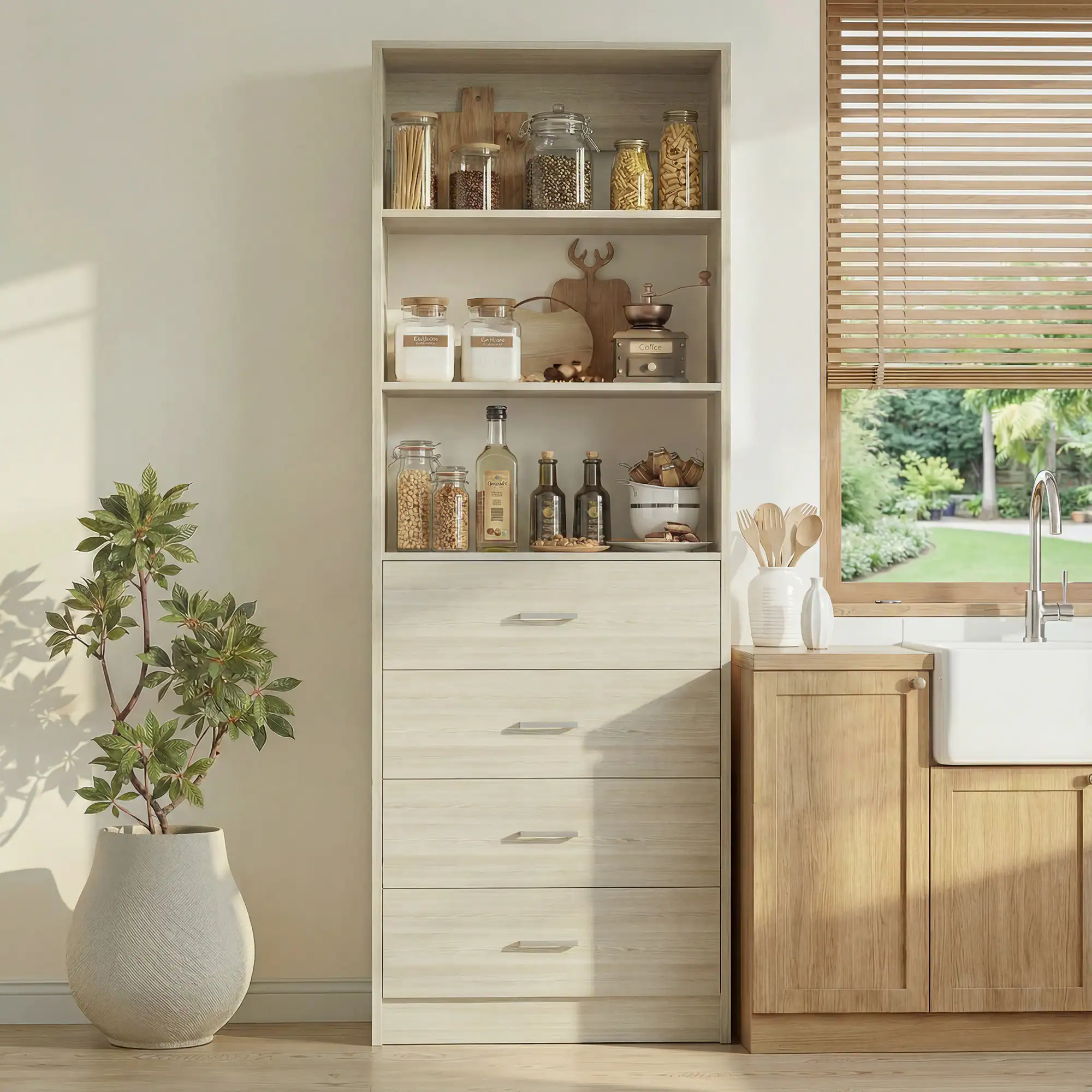 Back. Aheaplus - 80'' Tall Kitchen Pantry Storage Unit with Drawers and Shelves, 42.6'' Wide Storage Cabinet for Kitchen, 2 Packs - Beige Oak.