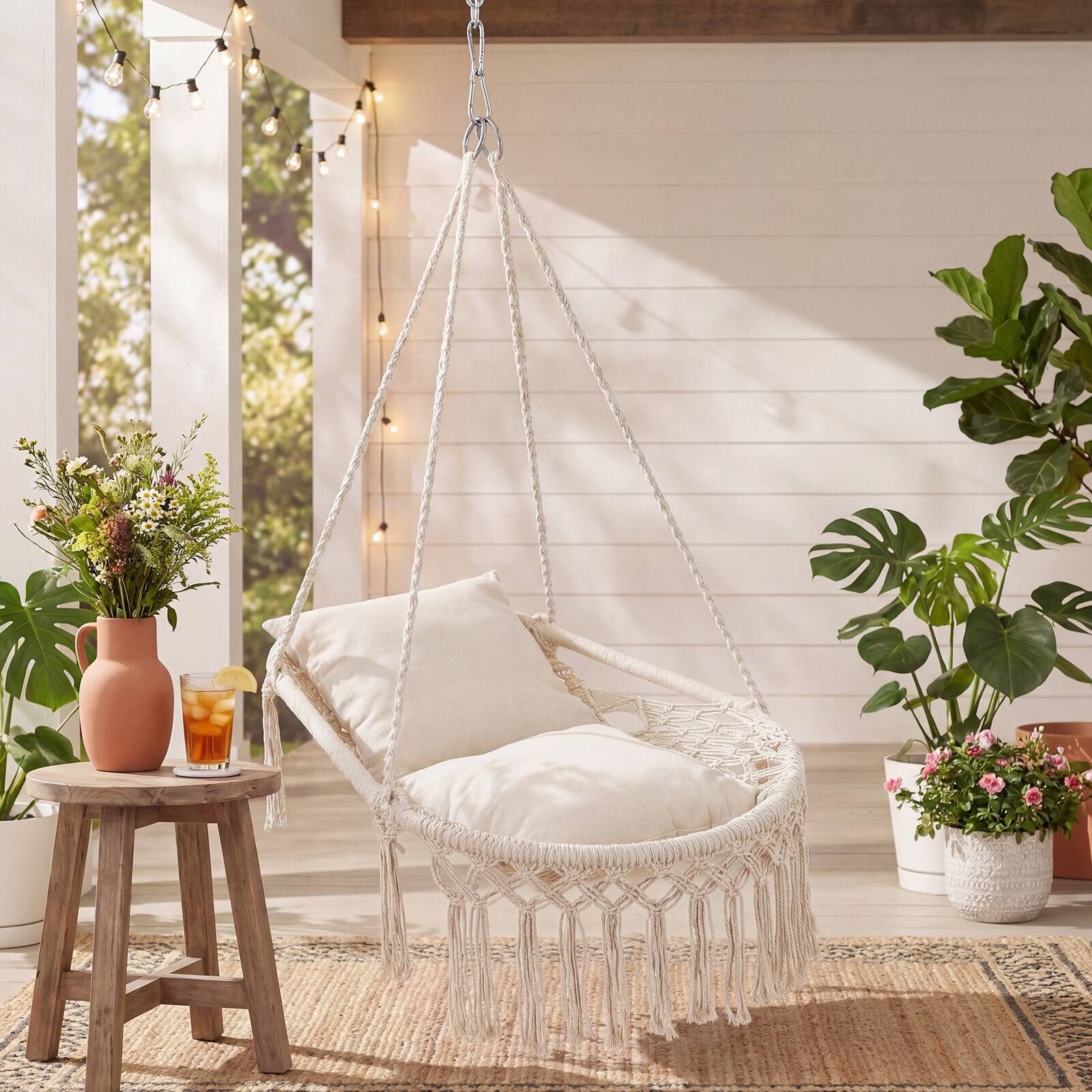 Alt View 3. Costway - Costway Macrame Swing Chair with 2 Removable Cushions, Enduring Polyester Cotton Ropes - Beige.