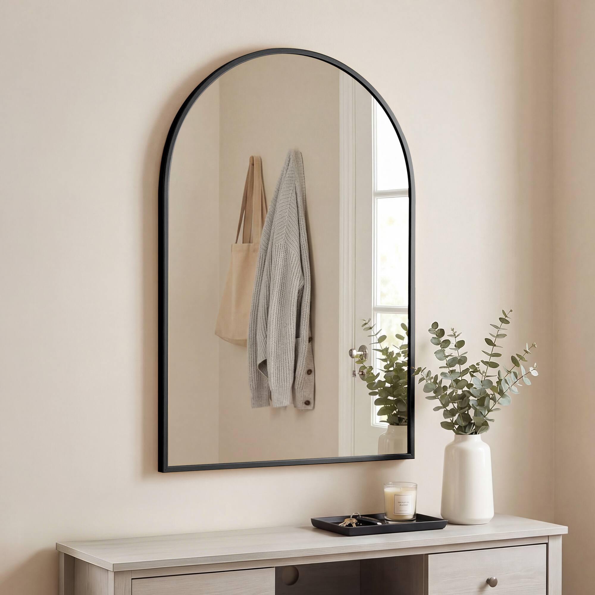 Alt View 3. Sweetcrispy - 26" x 38" Arch Framed Bathroom Wall Mirror, Shatterproof Vanity Mirror, Anti-Rust, Hanging or Leaning - Black.