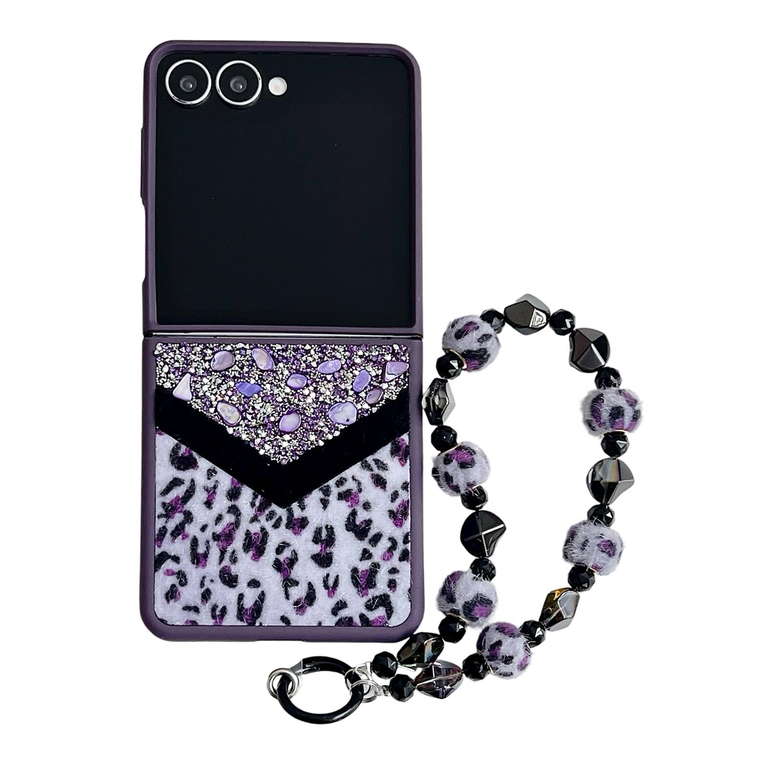 Angle. Dteck - Shockproof Phone Case for Samsung Galaxy Z Flip7 with Beaded Wrist Strap, Glitter Rhinestone Hard PC Protective Cover - Purple.