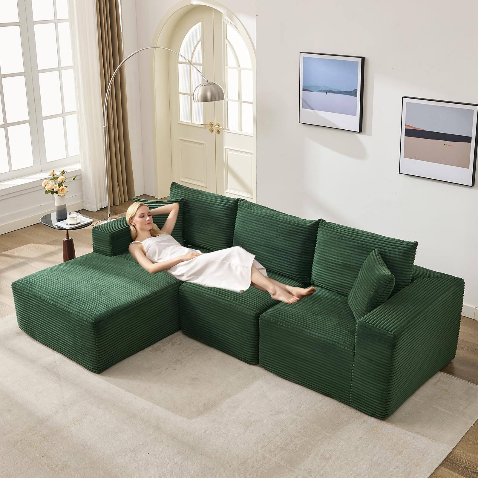 Angle. Babevy - 108" Modular L-Shaped Cloud Couch, Reversible Chaise Sectional Sofa with Deep Seats & Corduroy Upholstery - Green.