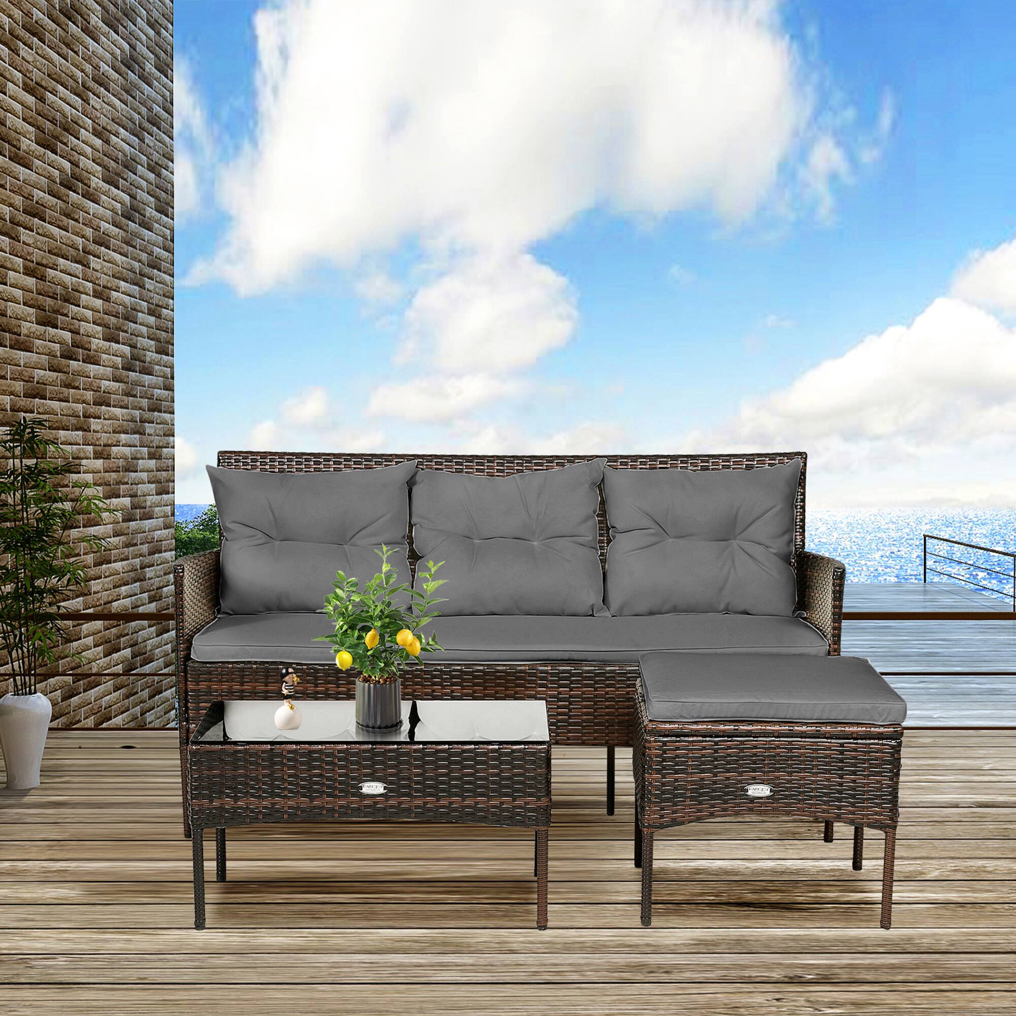 Alt View 3. Gymax - Gymax 3PCS Patio Rattan Sectional Conversation Furniture Set w/ Grey Cushions - Grey.