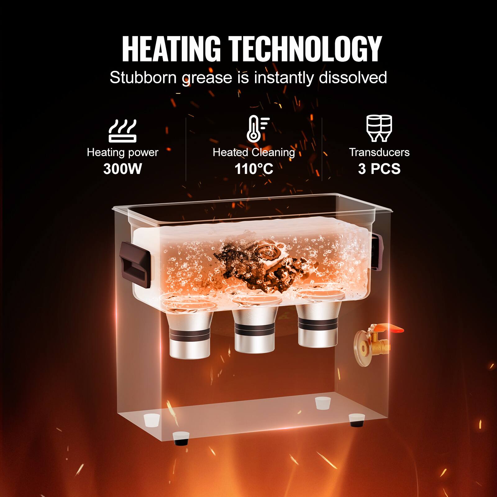 HEATING TECHNOLOGY
Stubborn grease is instantly dissolved
Heating power 300W
Heated Cleaning 110°C
Transducers 3 PCS