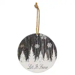 BreeBe - Let It Snow Snowy Woodgrain Round Ornament - White, Black