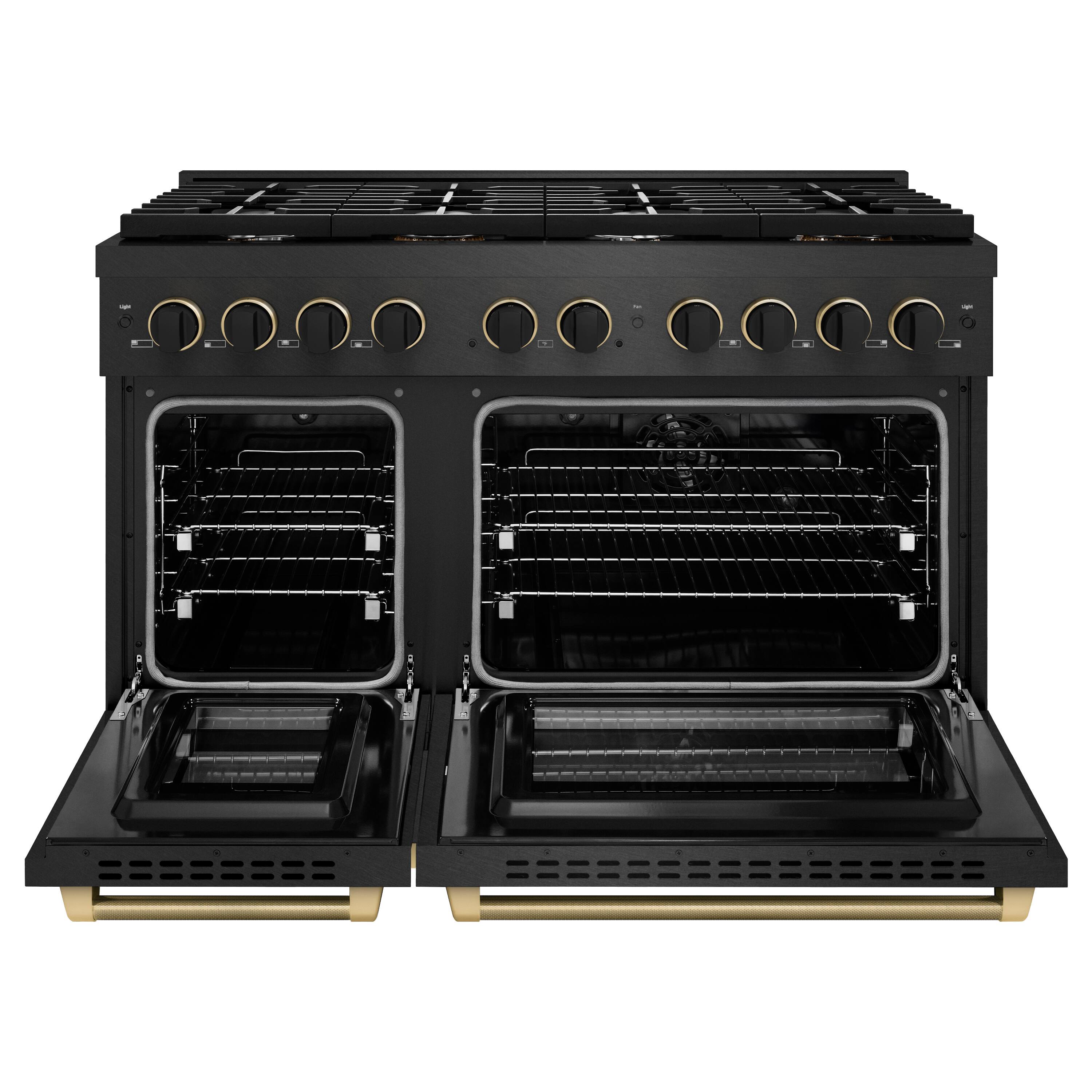 Angle. ZLINE - Designer 48 in. 6.7 cu. ft. Freestanding Paramount Dual Fuel Range in Black Satin Steel with Black and Bronze Accents - Black Satin Stainless Steel.