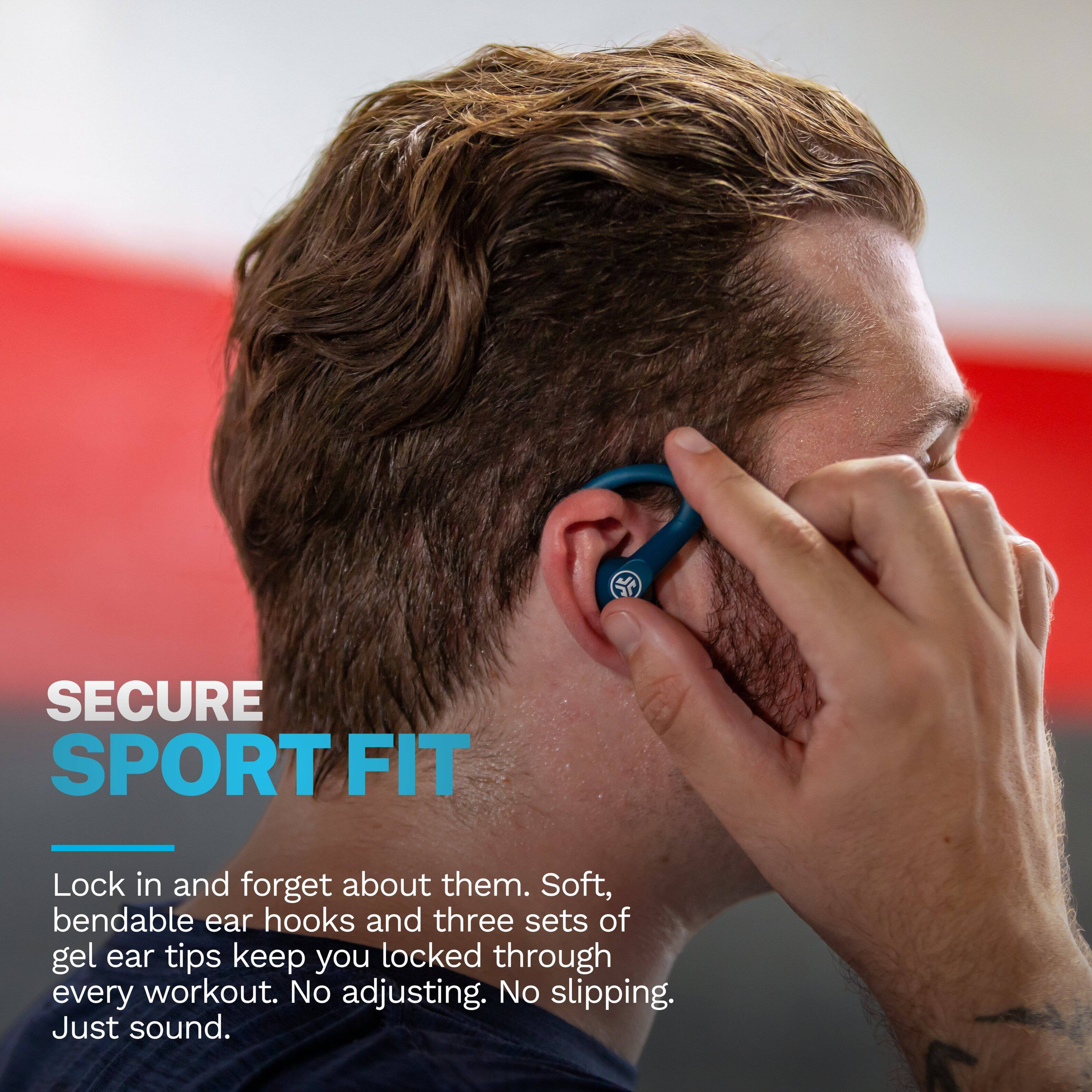 SECURE SPORT FIT

Lock in and forget about them. Soft, bendable ear hooks and three sets of gel ear tips keep you locked through every workout. No adjusting. No slipping. Just sound.