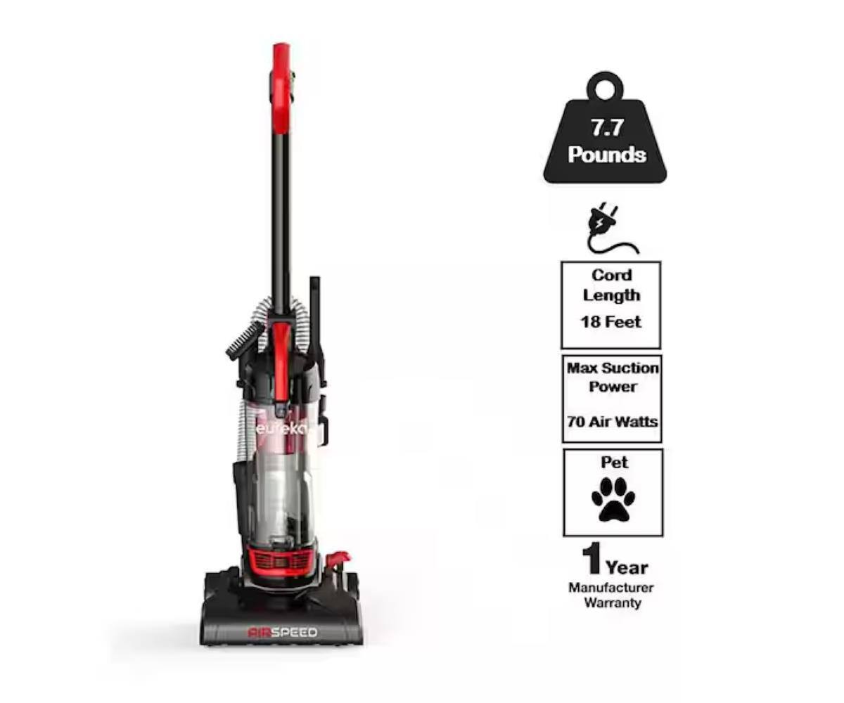 - Weight: 7.7 Pounds
- Cord Length: 18 Feet
- Max Suction Power: 70 Air Watts
- Pet
- 1 Year Manufacturer Warranty
- AIRSPEED