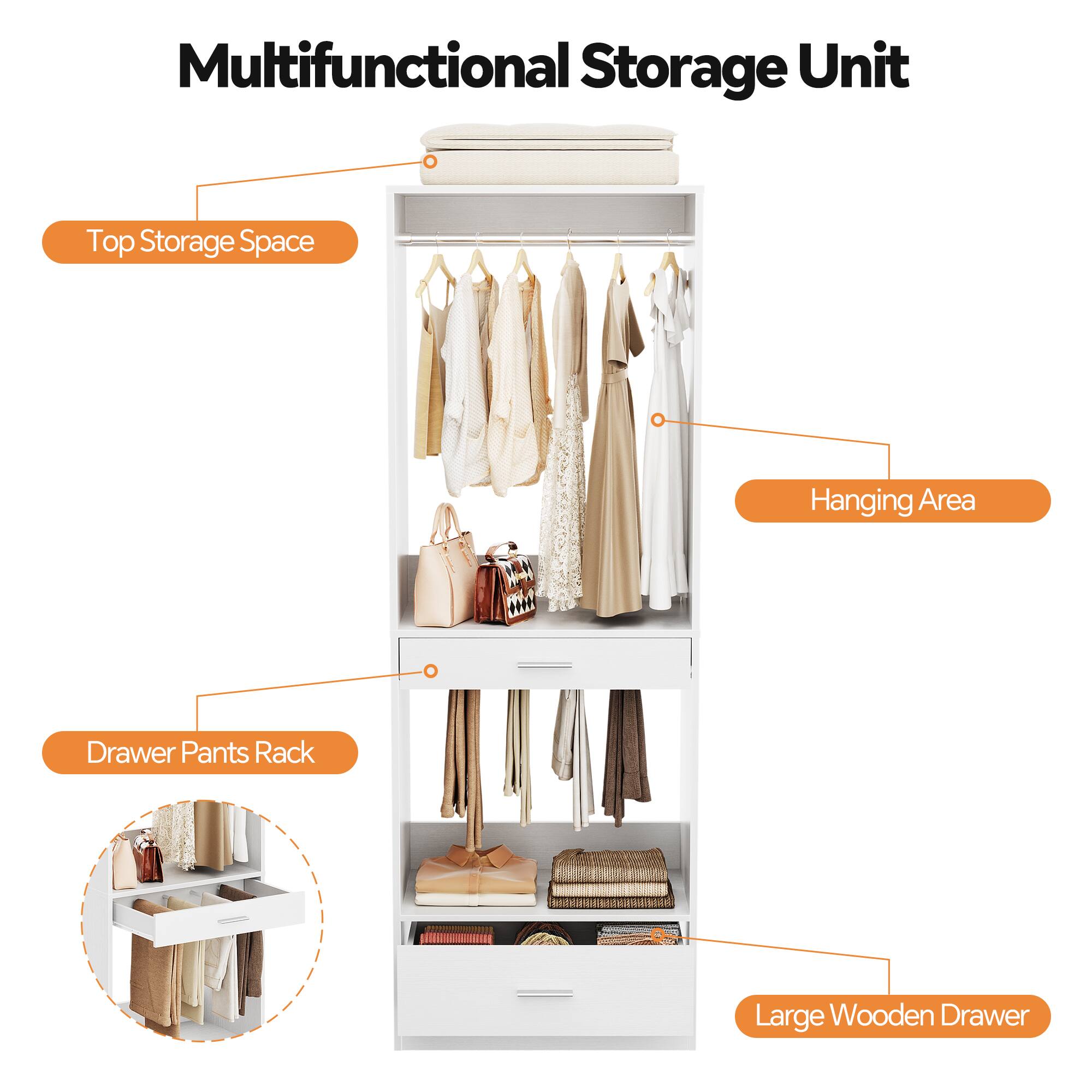 Multifunctional Storage Unit

- Top Storage Space
- Hanging Area
- Drawer Pants Rack
- Large Wooden Drawer