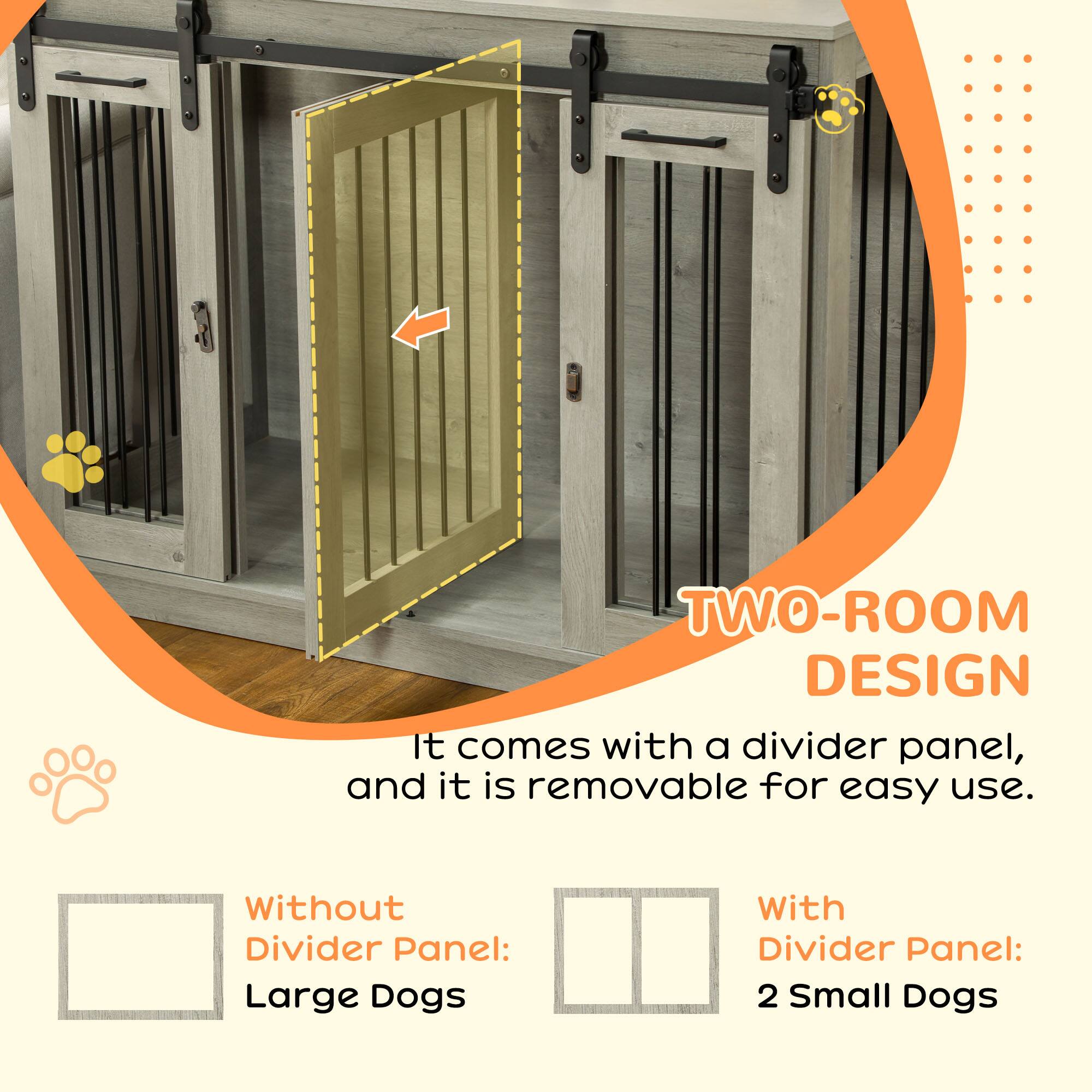 **TWO-ROOM DESIGN**

It comes with a divider panel, and it is removable for easy use.

- Without Divider Panel: Large Dogs
- With Divider Panel: 2 Small Dogs
