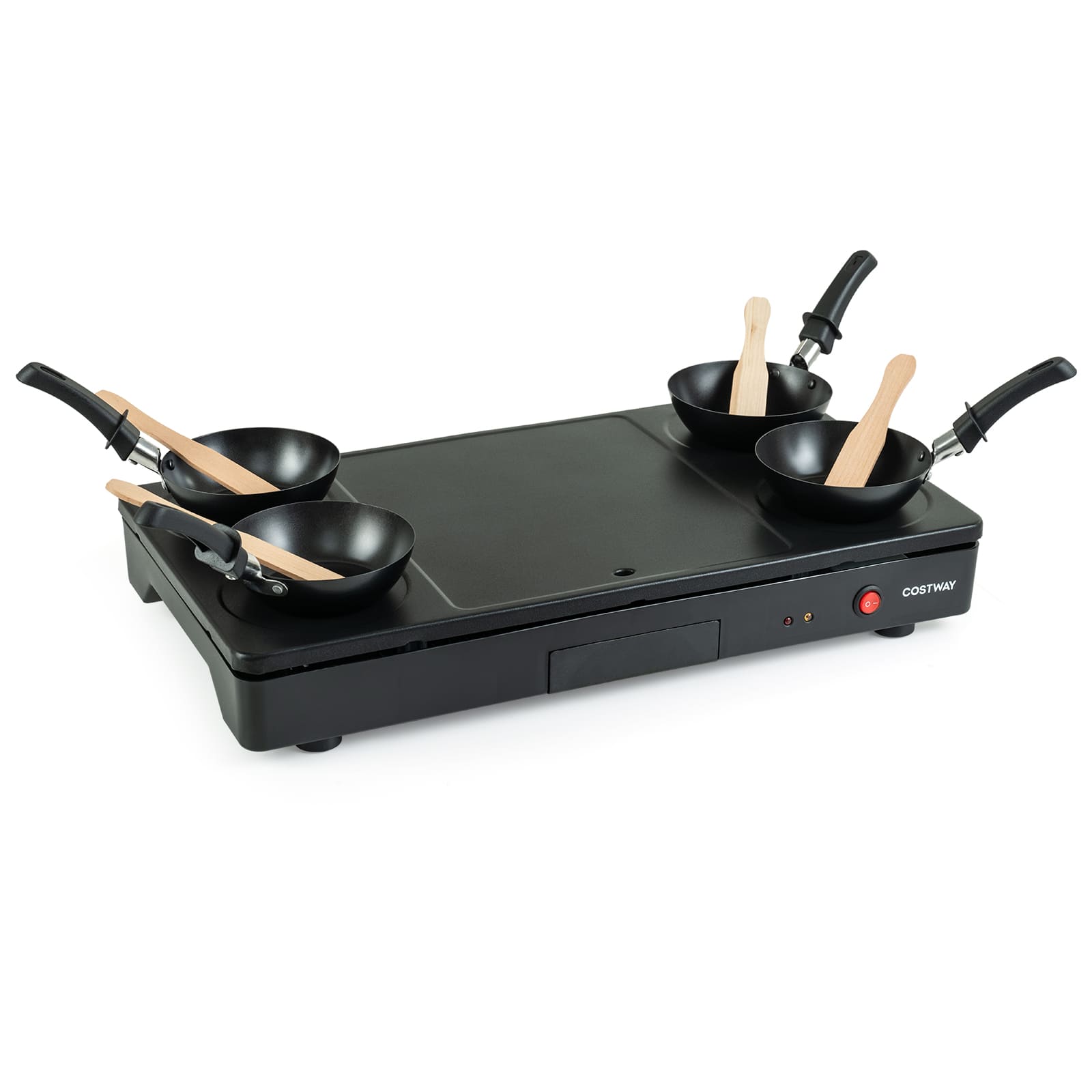 Costway - 1000W Electric Grill Griddle Raclette Table Grill with 4 Nonstick Woks & Wooden Spatulas - Black