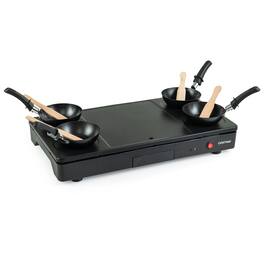 Costway - 1000W Electric Grill Griddle Raclette Table Grill with 4 Nonstick Woks & Wooden Spatulas - Black