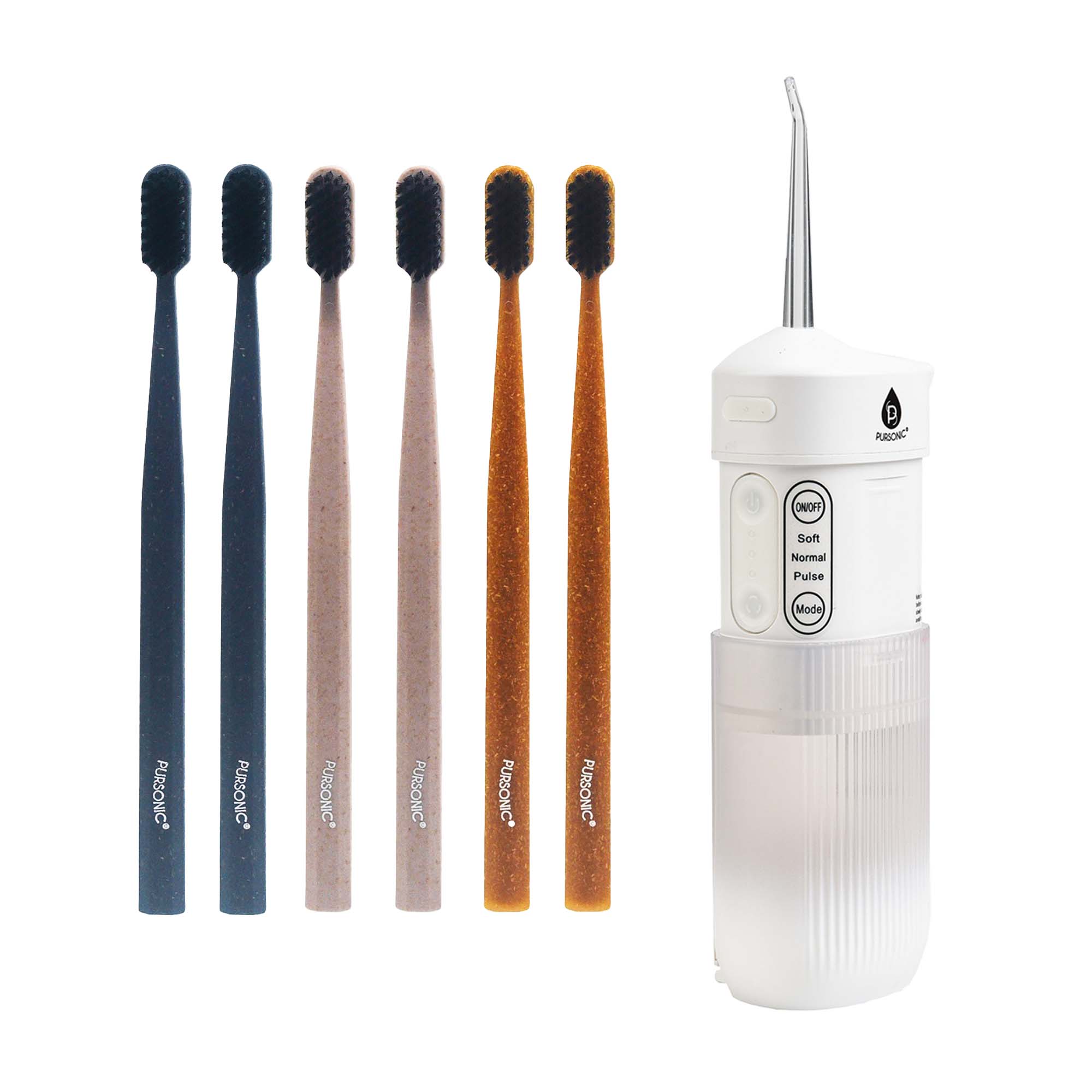 Pursonic - Ultimate Oral Care Bundle: USB Rechargeable Collapsible Water Flosser & Wide Brush Head Charcoal Toothbrush - Multicolor
