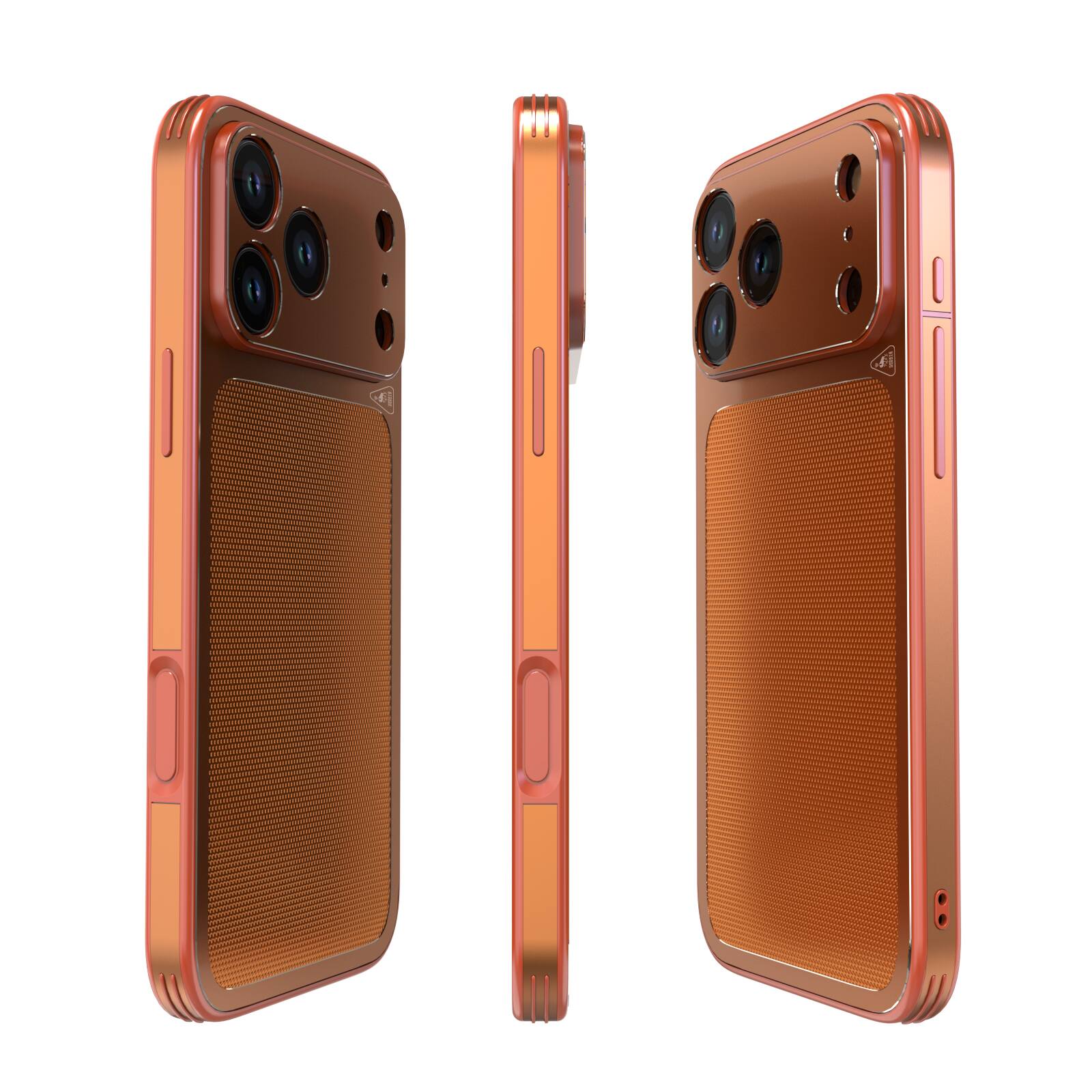 Angle. Dteck - Ultra-Thin PU Leather Texture Case for Apple iPhone 17 Pro Max, Metal Rugged Protective Cover, Precision Camera Cutouts - Orange.