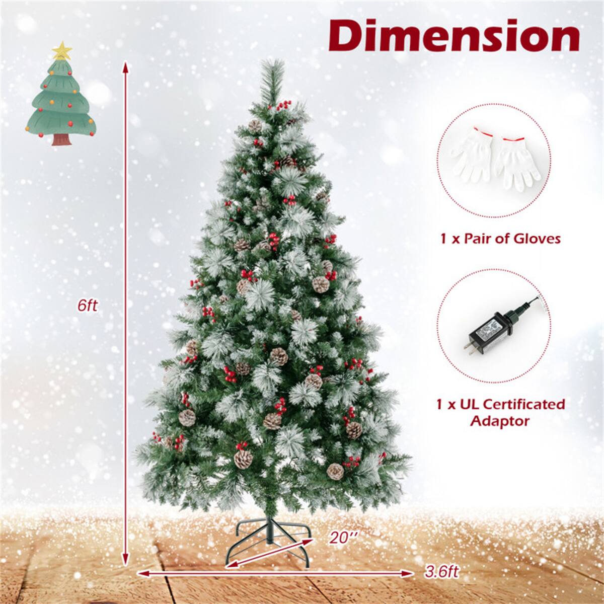 Dimension  
1 x Pair of Gloves  
1 x UL Certificated Adaptor  
6ft  
20"  
3.6ft