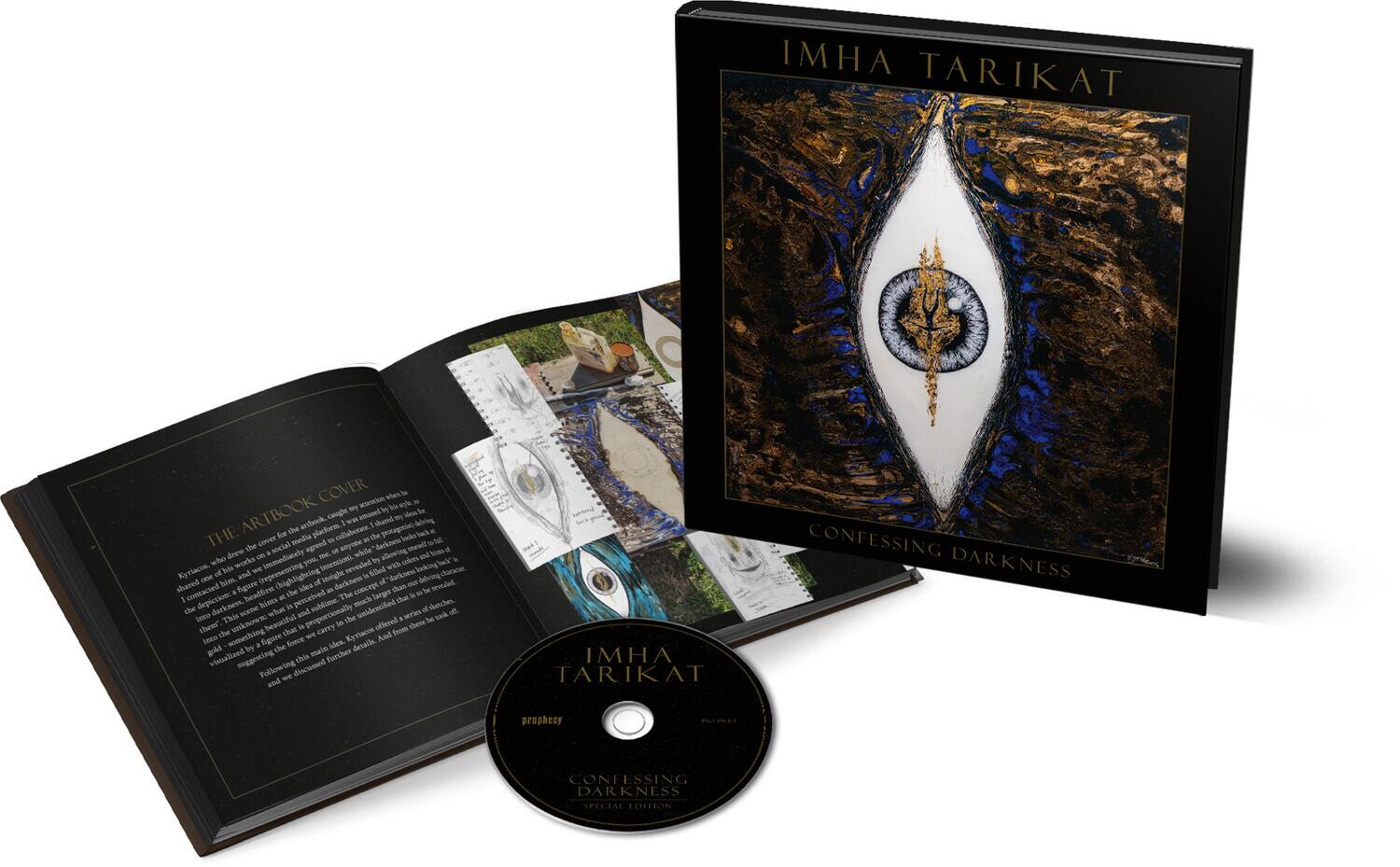 IMHA TARIKAT  
CONFESSING DARKNESS  

THE ARTBOOK COVER  

Kyriacos, who drew the cover for the album, was immediately inspired by the concept of the album. He was fascinated by the idea of a figure that is both beautiful and dark, and he wanted to capture that duality in his artwork. He created a figure that is both elegant and menacing, with a face that is both beautiful and terrifying. The figure is surrounded by a dark, swirling background that suggests a sense of chaos and turmoil. The figure is also surrounded by a series of smaller figures that are also beautiful and dark, and they are all connected by a series of lines that suggest a sense of unity and connection. The overall effect is a sense of beauty and darkness that is both captivating and unsettling.  

Following this, we discussed further details and the final artwork was created.  

IMHA TARIKAT  
prophesy  
CONFESSING DARKNESS  
SPECIAL EDITION