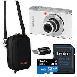 Bundle - Minolta - MNB5Z 56MP 5K Ultra HD 2.8" LCD Screen Digital Camera, White, with Camera Case, 64GB Memory Card, Multi