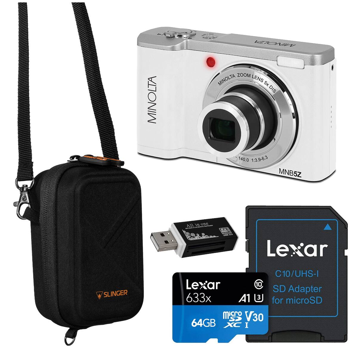 MINOLTA  
MINOLTA ZOOM MINOLTA LENS 5x DIS 140.0 1:3.9-6.3 MNB5Z  

All in one  

Lexar  
SLINGER  
C10/UHS-I Lexar 10 SD Adapter 633x A1 for microSD micro V30 SD 64GB XC I