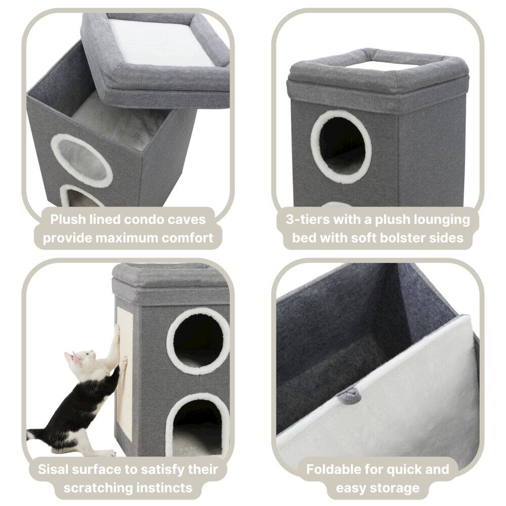 Plush lined condo caves provide maximum comfort  
3-tiers with a plush lounging bed with soft bolster sides  
Sisal surface to satisfy their scratching instincts  
Foldable for quick and easy storage