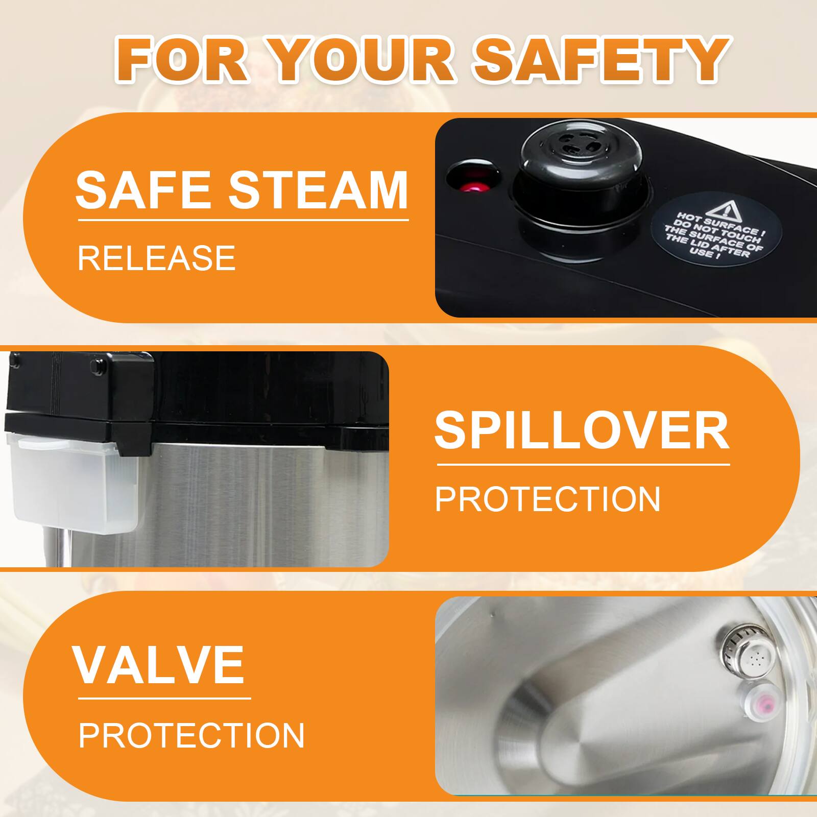 FOR YOUR SAFETY

SAFE STEAM RELEASE

DO NOT TOUCH THE SURFACE LID USE AFTER OF 1

SPILLOVER PROTECTION

VALVE PROTECTION