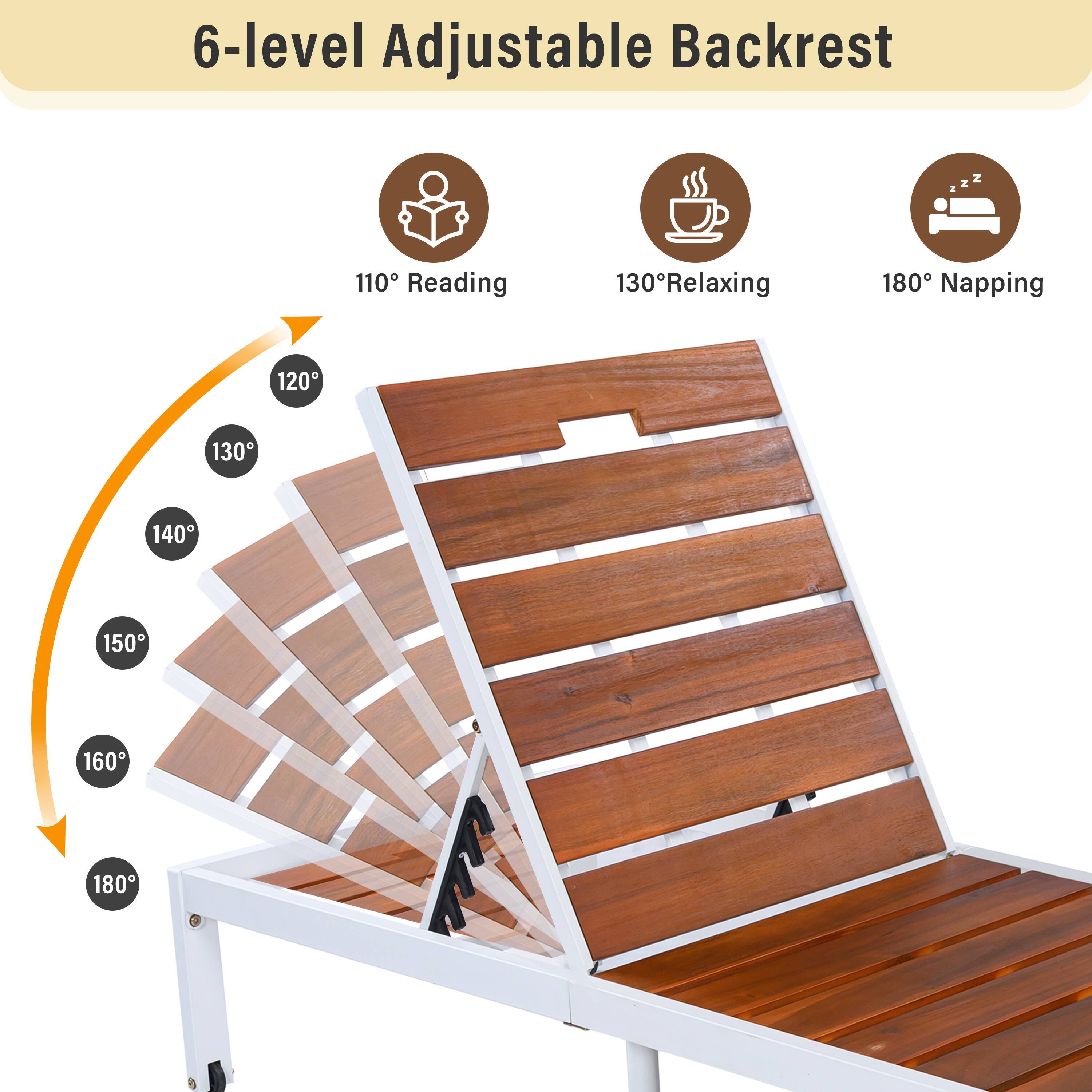 6-level Adjustable Backrest

110° Reading
120°
130° Relaxing
140°
150°
160°
180° Napping