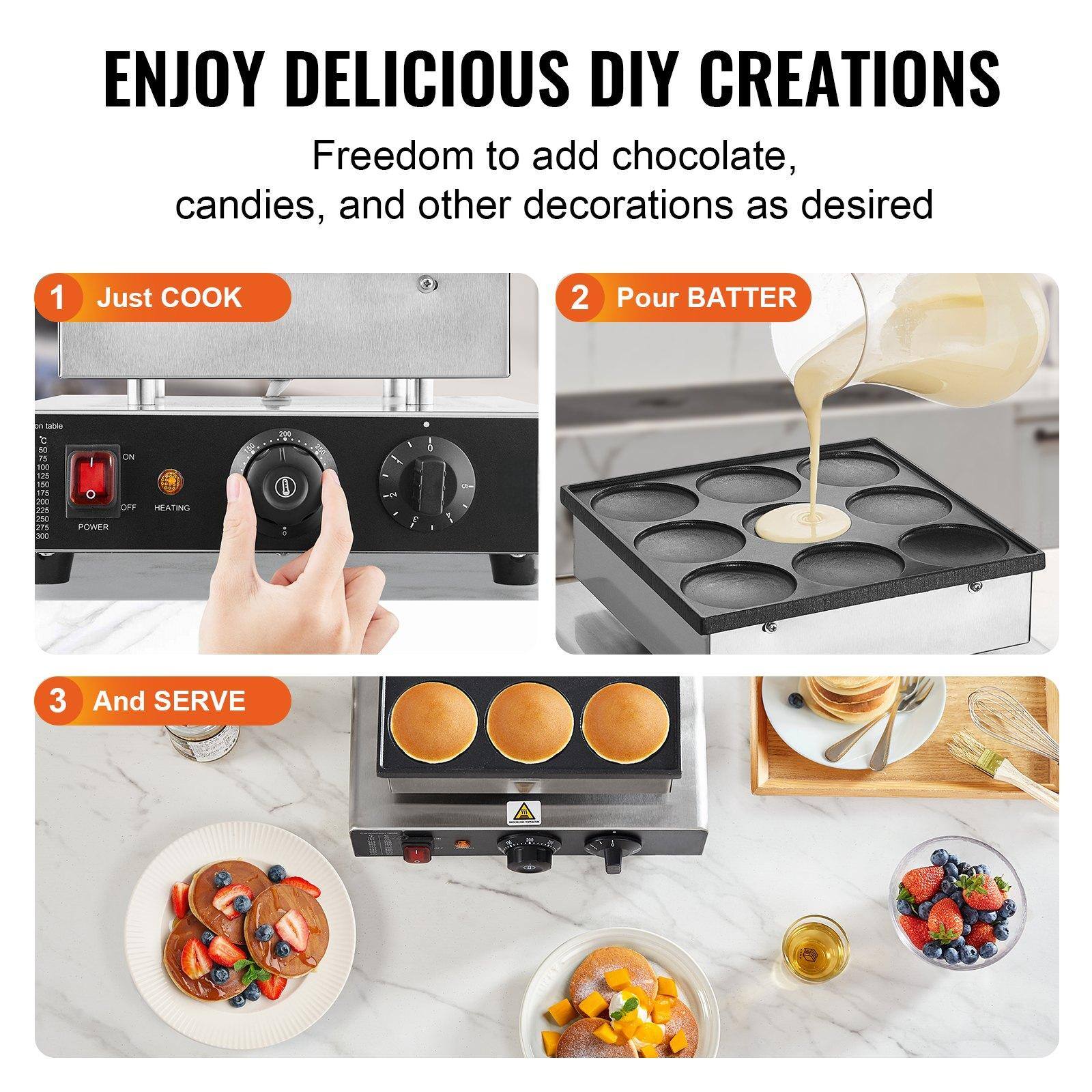 ENJOY DELICIOUS DIY CREATIONS  
Freedom to add chocolate, candies, and other decorations as desired

1. Just COOK
2. Pour BATTER
3. And SERVE