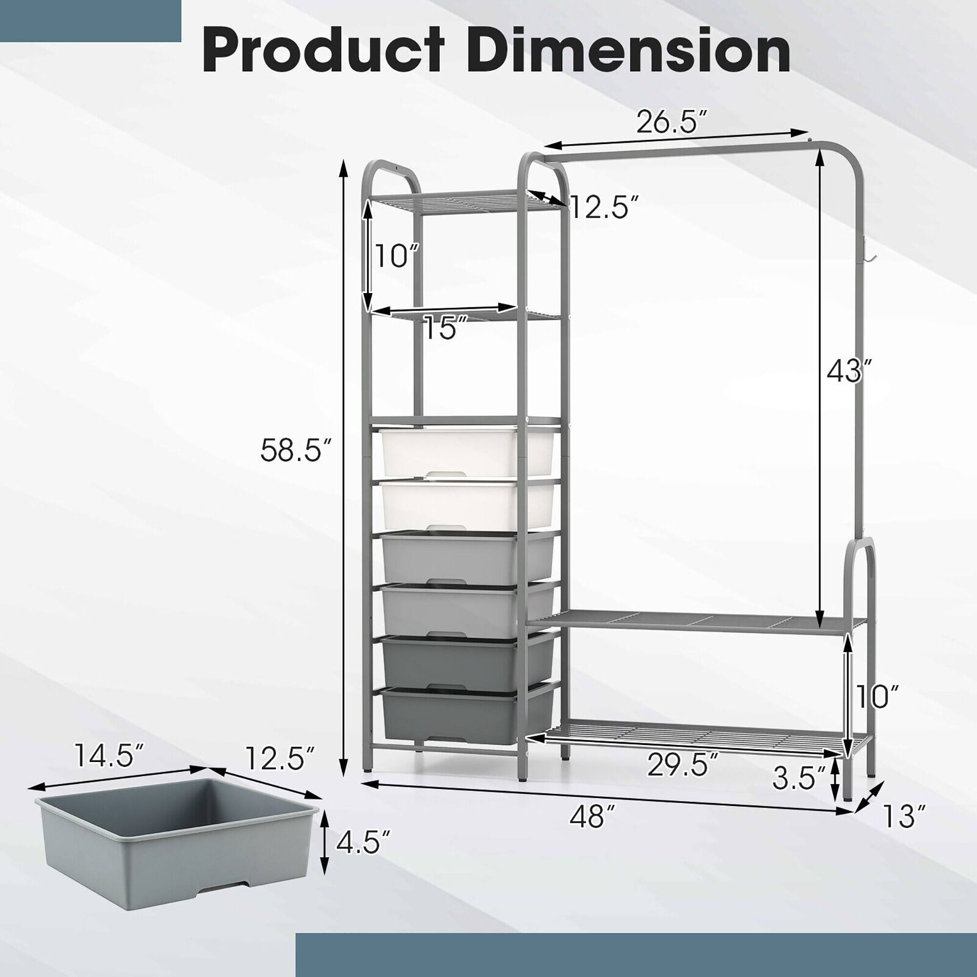 Product Dimension: 26.5" x 10" x 12.5" x 15" x 43" x 58.5" x 10" x 14.5" x 12.5" x 4.5" x 29.5" x 48" x 3.5" x 13"