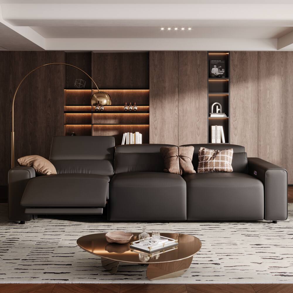 Left. POVISON - 108.65" Leather Power Reclining Sofa Modular Recliner Couch,Power Outlet, Adjustable Headrest, Khaki - Black Sustainable Leather.
