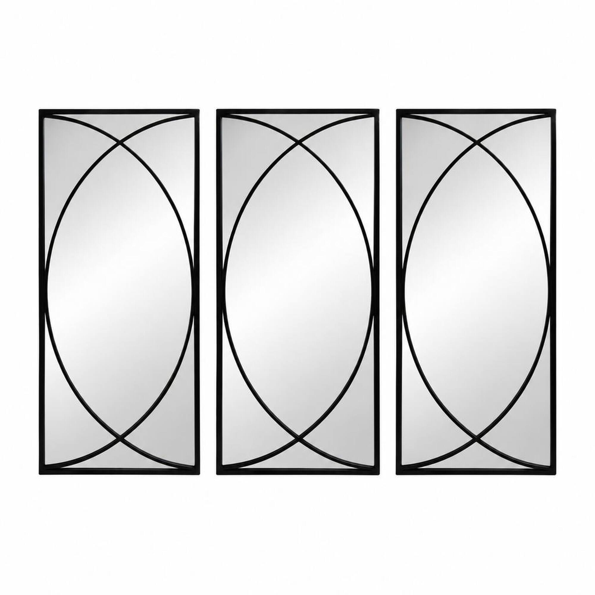 Front. RYHNUYNE - 32 in Rectangular Wall Mirror Set, 3 Black Iron Frames, Crossed Ring Design, Living Room and Bedroom Decor - Black.