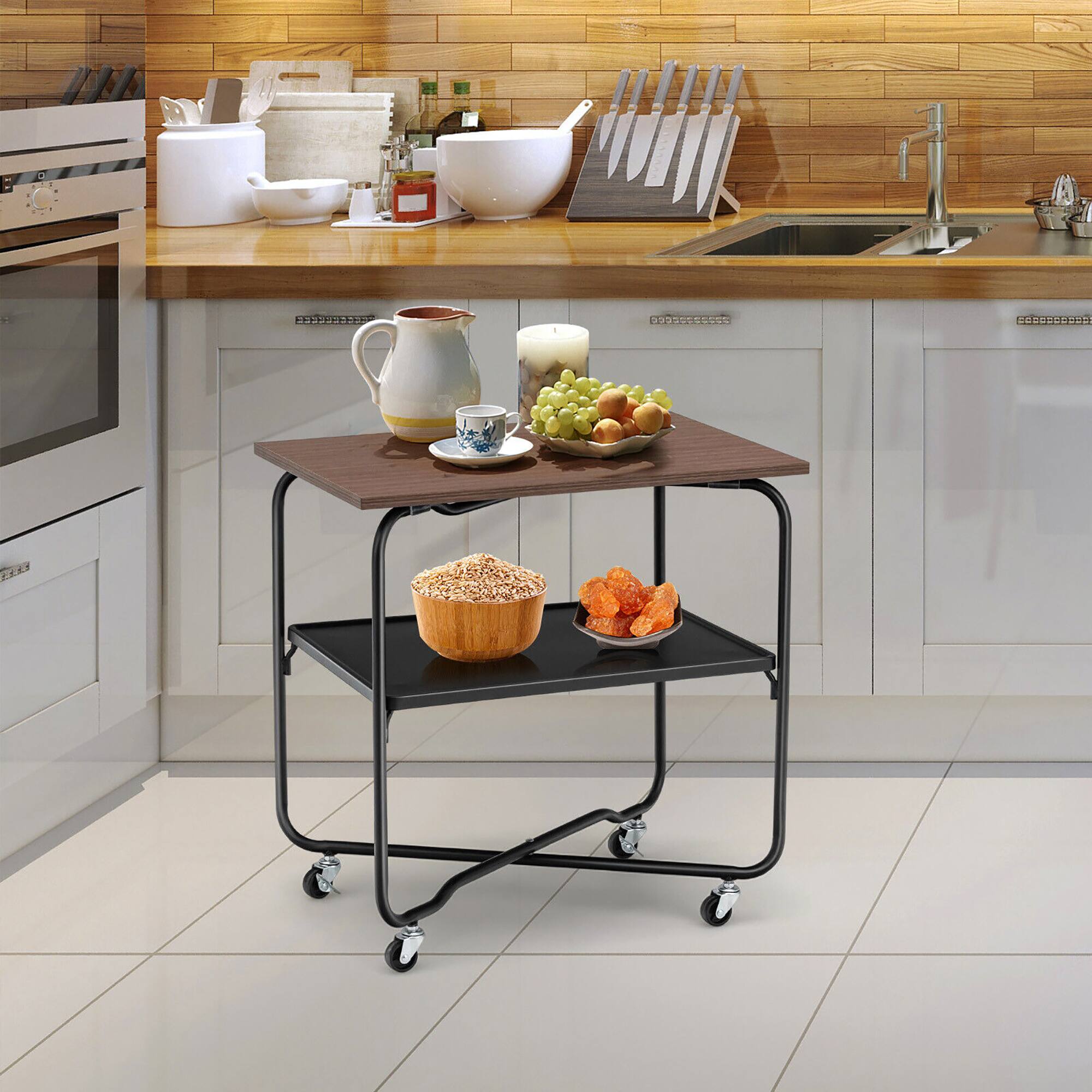 Alt View 3. Gymax - Gymax 2-Tier Folding Rolling Cart Kitchen Utility Cart Tool-Free Installing Brown - Black + Brown.