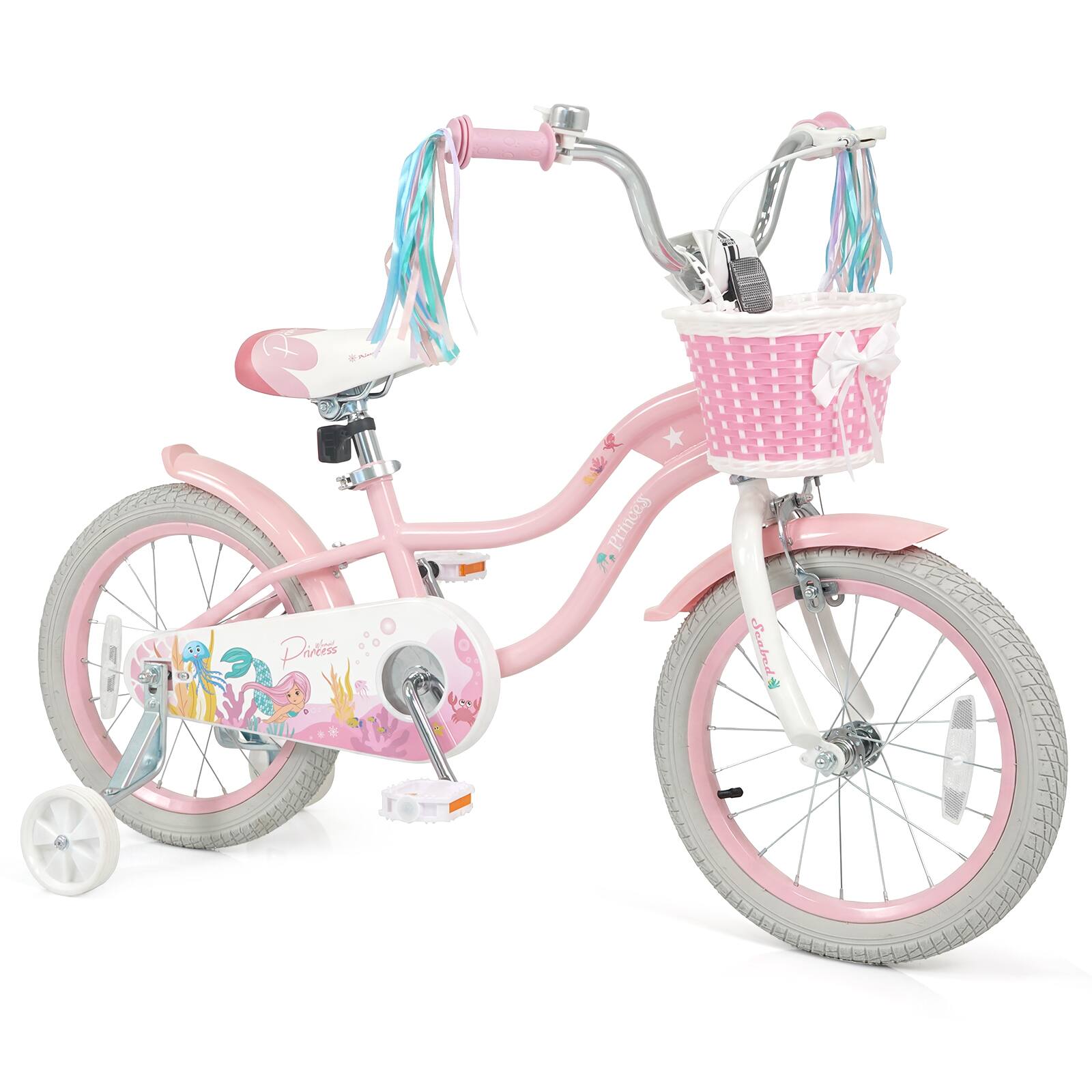 Costway - 16" Kids Bike with Training Wheels Hand Coaster Brakes Adjustable Seat Handlebar - Pink