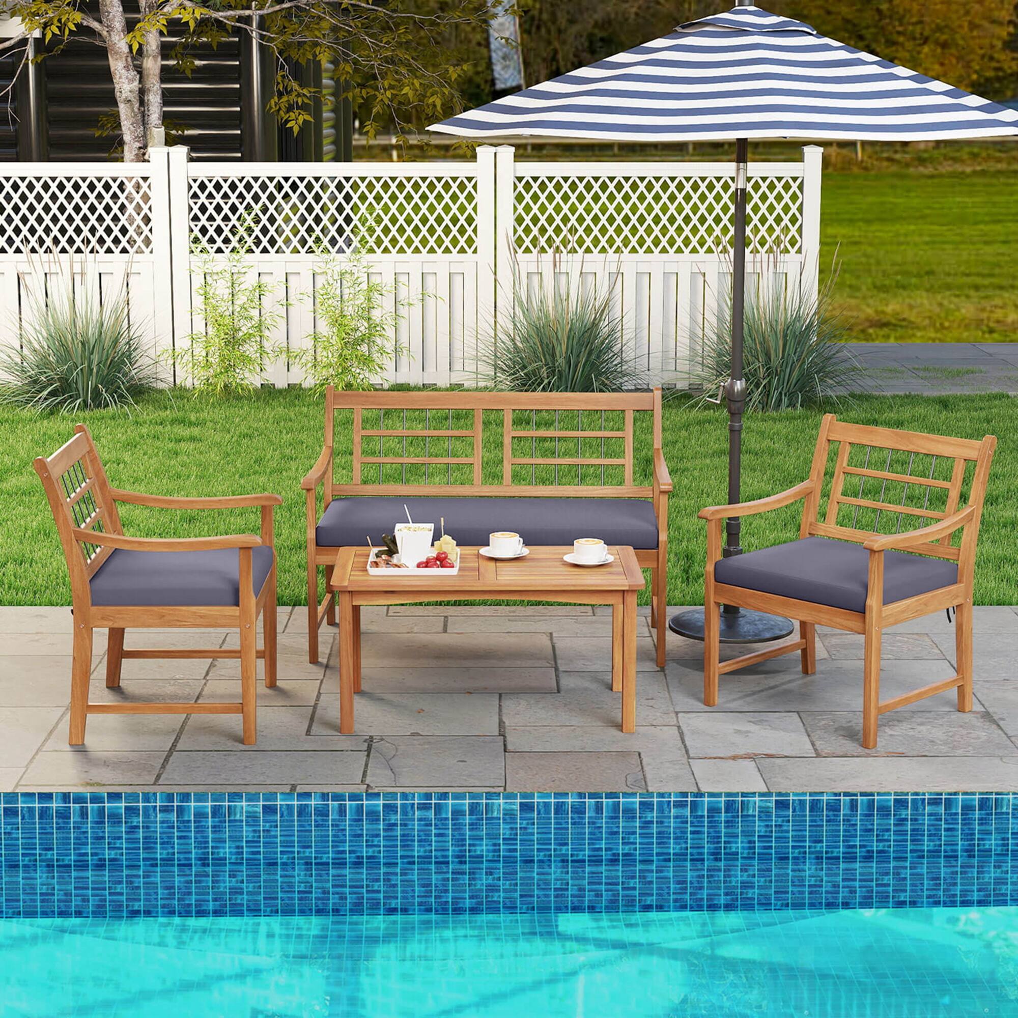 Alt View 1. Costway - 4 PCS Wood Patio Furniture Set with Soft Seat Cushions Solid Acacia Wood Frame - Gray,Natural.