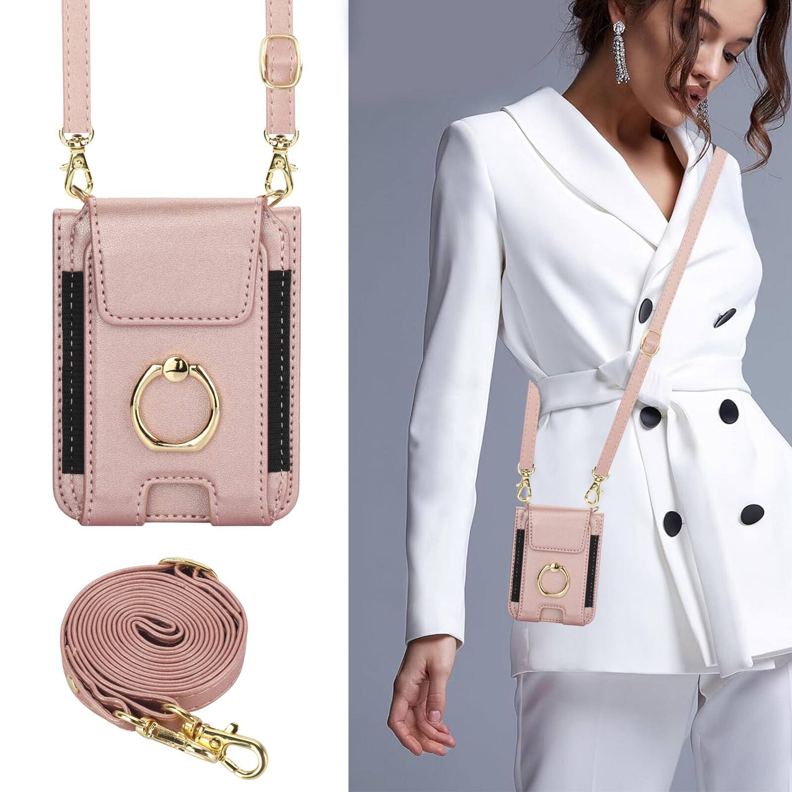 Alt View 2. Dteck - For Motorola Razr (2024) Shockproof Leather Ring Kickstand Protective Wallet Case with Shoulder Strap / Lanyard - Rosegold.