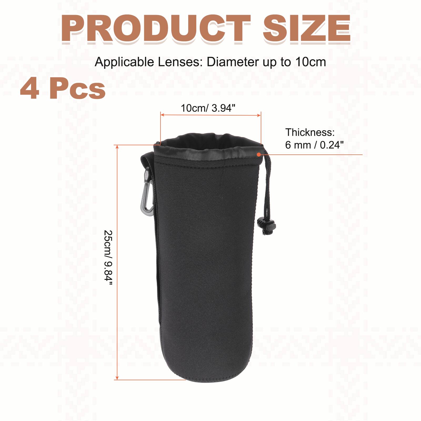 PRODUCT SIZE  
Applicable Lenses: Diameter up to 10cm  
4 Pcs  
10cm / 3.94"  
Thickness: 6 mm / 0.24"  
25cm / 9.84"