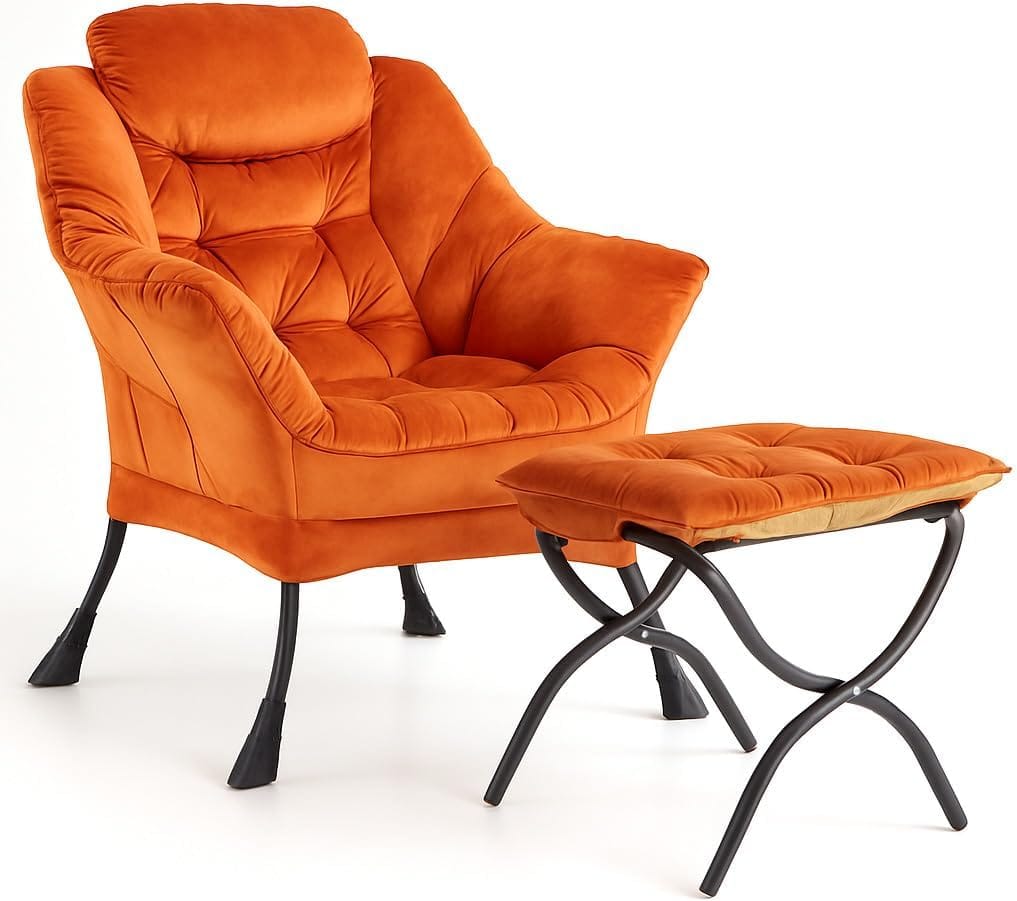 Jojoka - Lazy Chair with Ottoman, Modern Lounge Accent Chair, Leisure Sofa Armchair with Footrest & Side Pocket - Velvet Orange