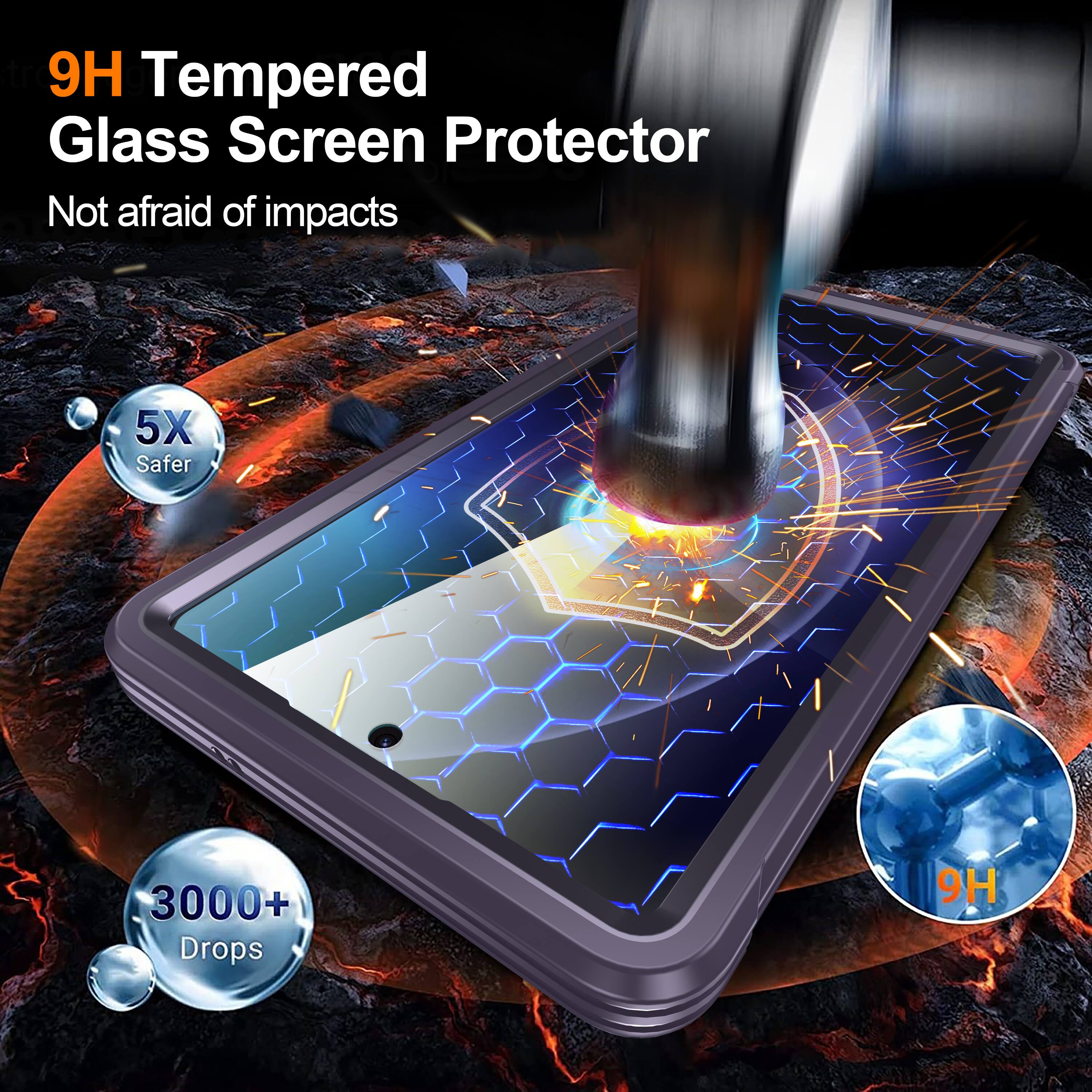 9H Tempered Glass Screen Protector  
Not afraid of impacts  
5X Safer  
3000+ Drops  
9H