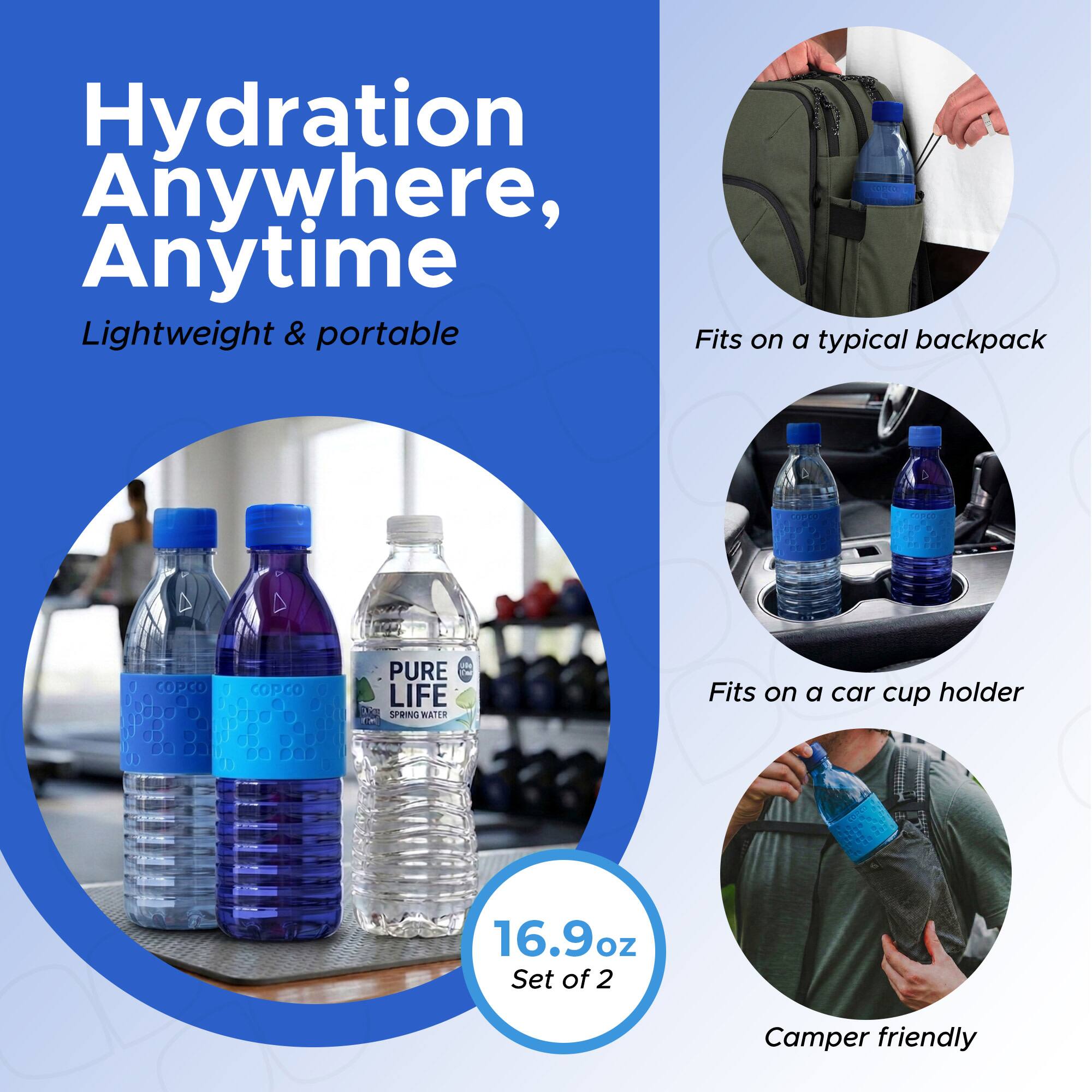 Hydration Anywhere, Anytime  
Lightweight & portable  
Fits on a typical backpack  
Fits on a car cup holder  
16.9oz Set of 2  
Camper friendly